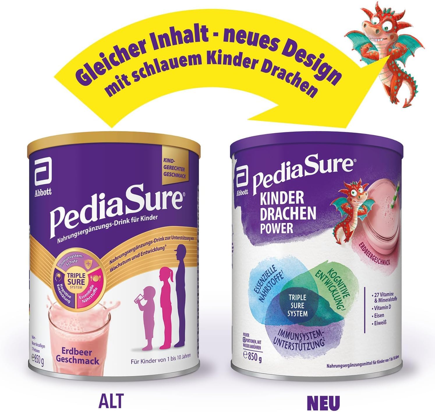 Pediasure Kinder Drachen Power Vanille 850g| leckerer Nahrungsergänzungsshake für Kinder ab 1 Jahr|mit 27 Vitaminen & Mineralien, Protein und triplesure Komplex|Verpackung kann variieren