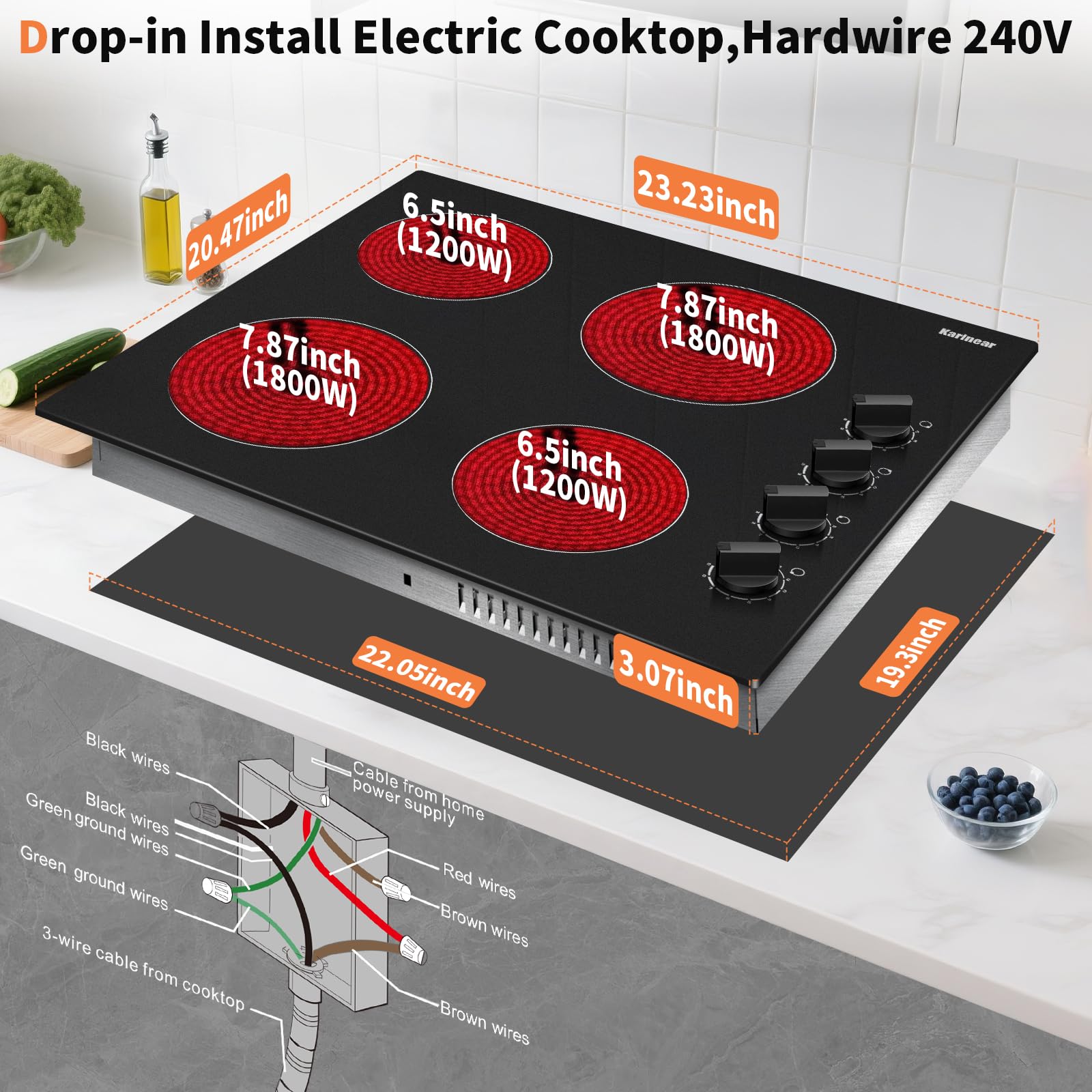 Karinear 30 Inch Electric Cooktop 4 Burners, Knob Control Built-in Ceramic Cooktop, 30" Radiant Electric Stove Top with Glass Protection Metal Frame,Fits Most Existing Cutouts, 220-240v, Hard Wire
