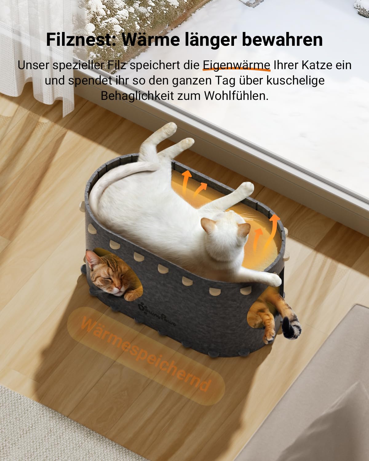 Katzenhöhle Filz, Katzenhaus aus Filz, Katzenbett, Katzenhöhle für Katzen, 58 x 33 x 30cm, Peek-a-Boo zum Spielen, Winterfest, Schutz der Katzennägel, Beige