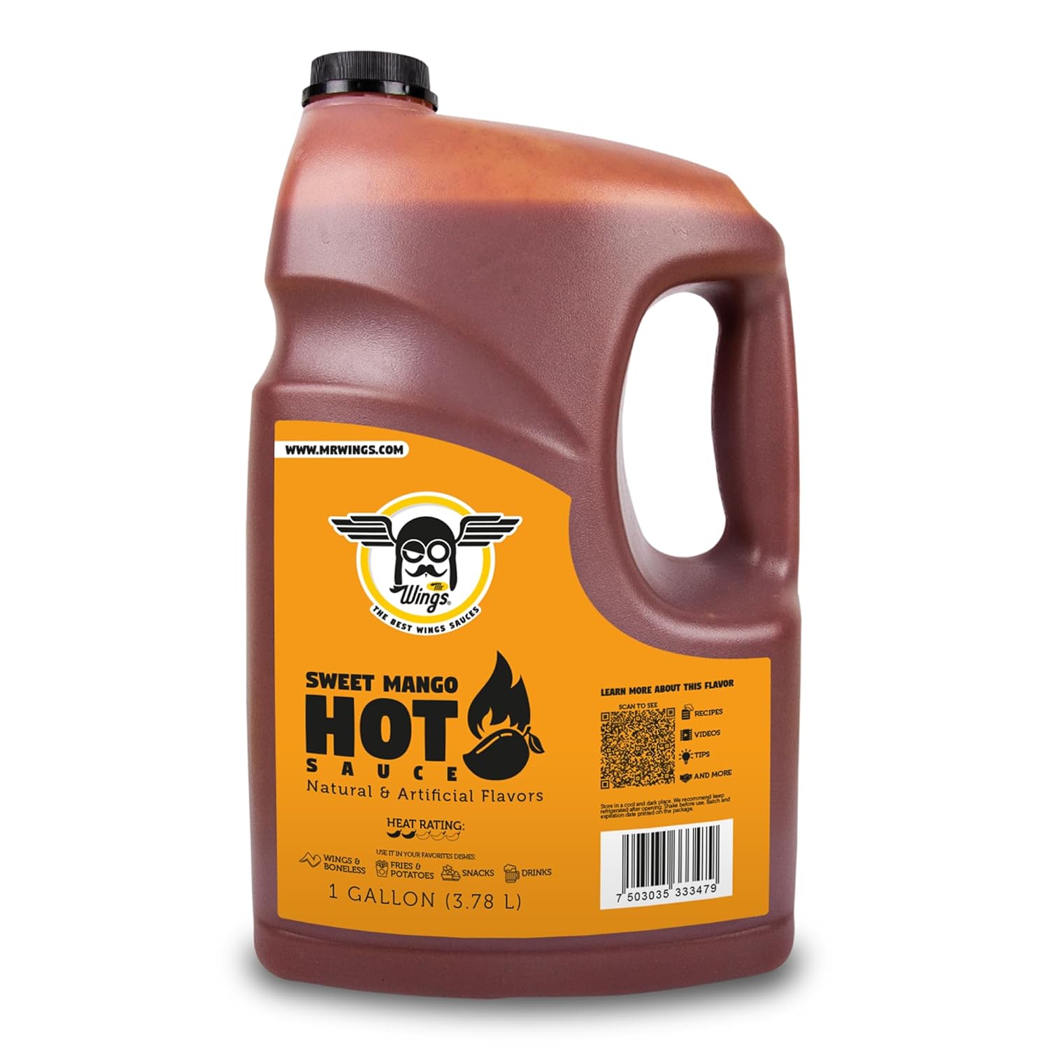 Mr. Wings Sweet Mango Mild Sauce 1 Gallon (128 Fl Oz). Sweet and spicy delight, perfect for boneless chicken, fries, drinks, and your favorite snacks. Large bulk sauce.