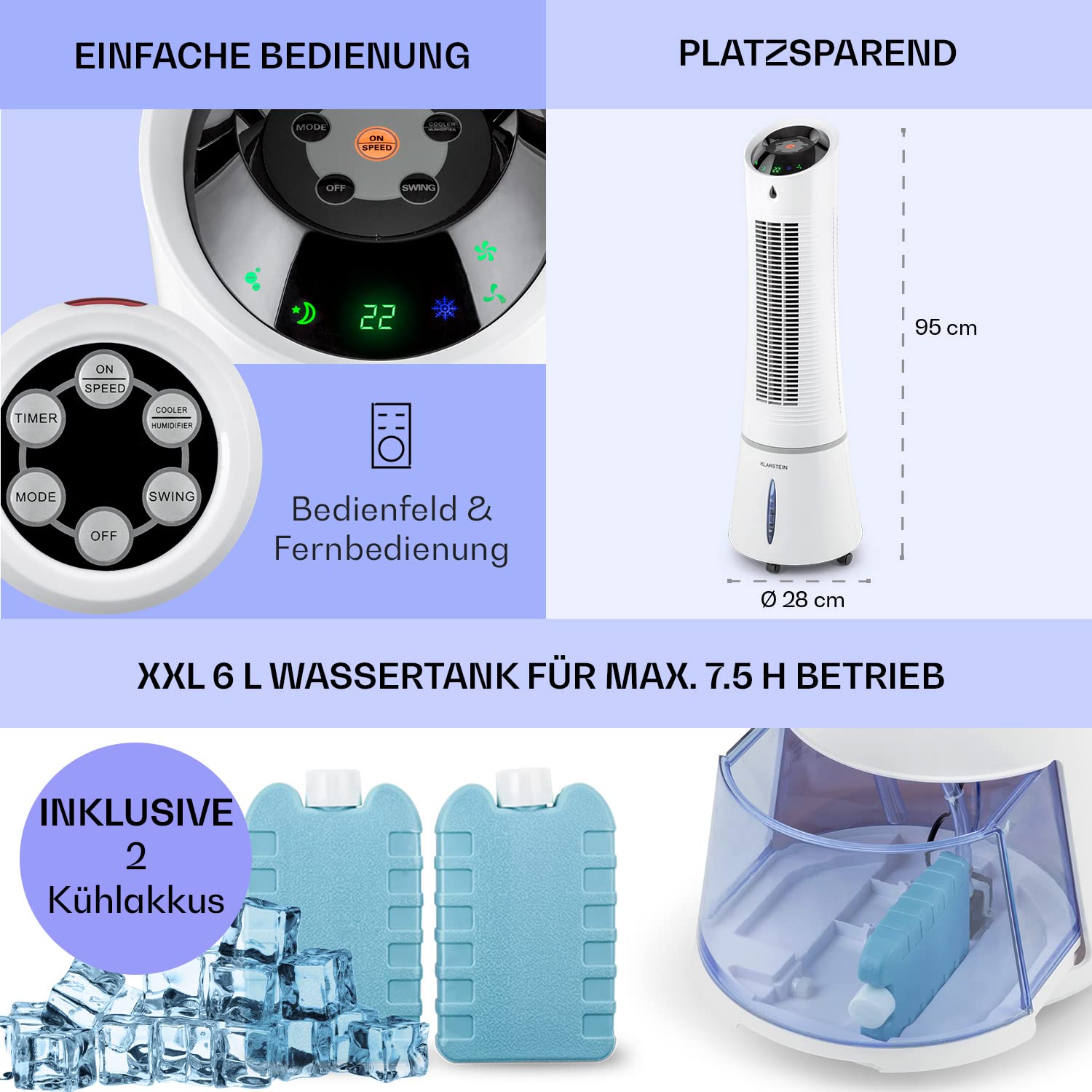 Klarstein Luftkühler mit Wasserkühlung, 5-in-1 Verdunstungskühler, Luftbefeuchter, Ventilator, Luftreiniger & Nachtmodus, Mobile Klimageräte Luftkühler 6L, 45 Watt Air Cooler, 180 m³/h Luftstrom