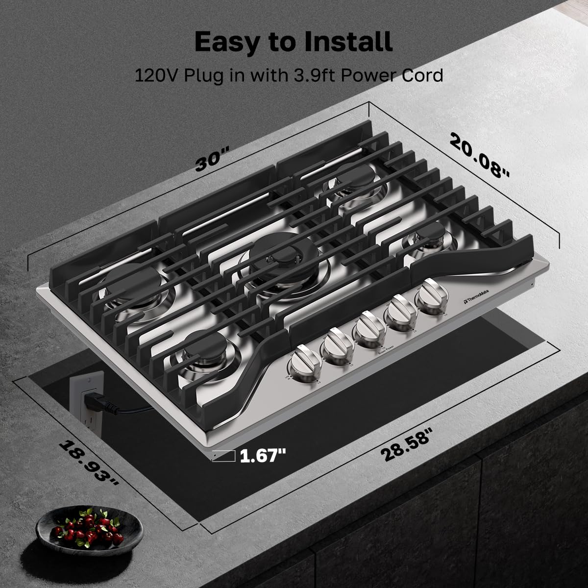 ThermoMate Heavy 36 Inch Gas Cooktop with 5 Italy Sabaf Power Burners, Built In Stove Top of 304 Stainless Steel, Gas Hob NG/LPG Convertible, Cooker with Thermocouple Protection CSA Certified