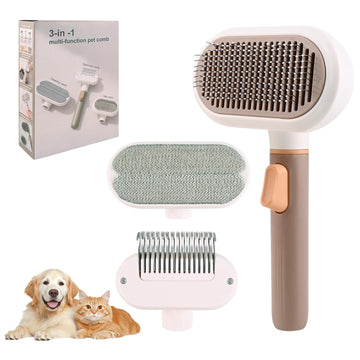 3-in-1 Katzenbürste & Hundebürste Selbstreinigend, Edelstahl-Entfilzungskamm für Langhaar & Kurzhaar | Entfernt Lose Haare & Knoten | Massageborsten zur sanften Fellpflege | Ein-Klick Haarentfernung