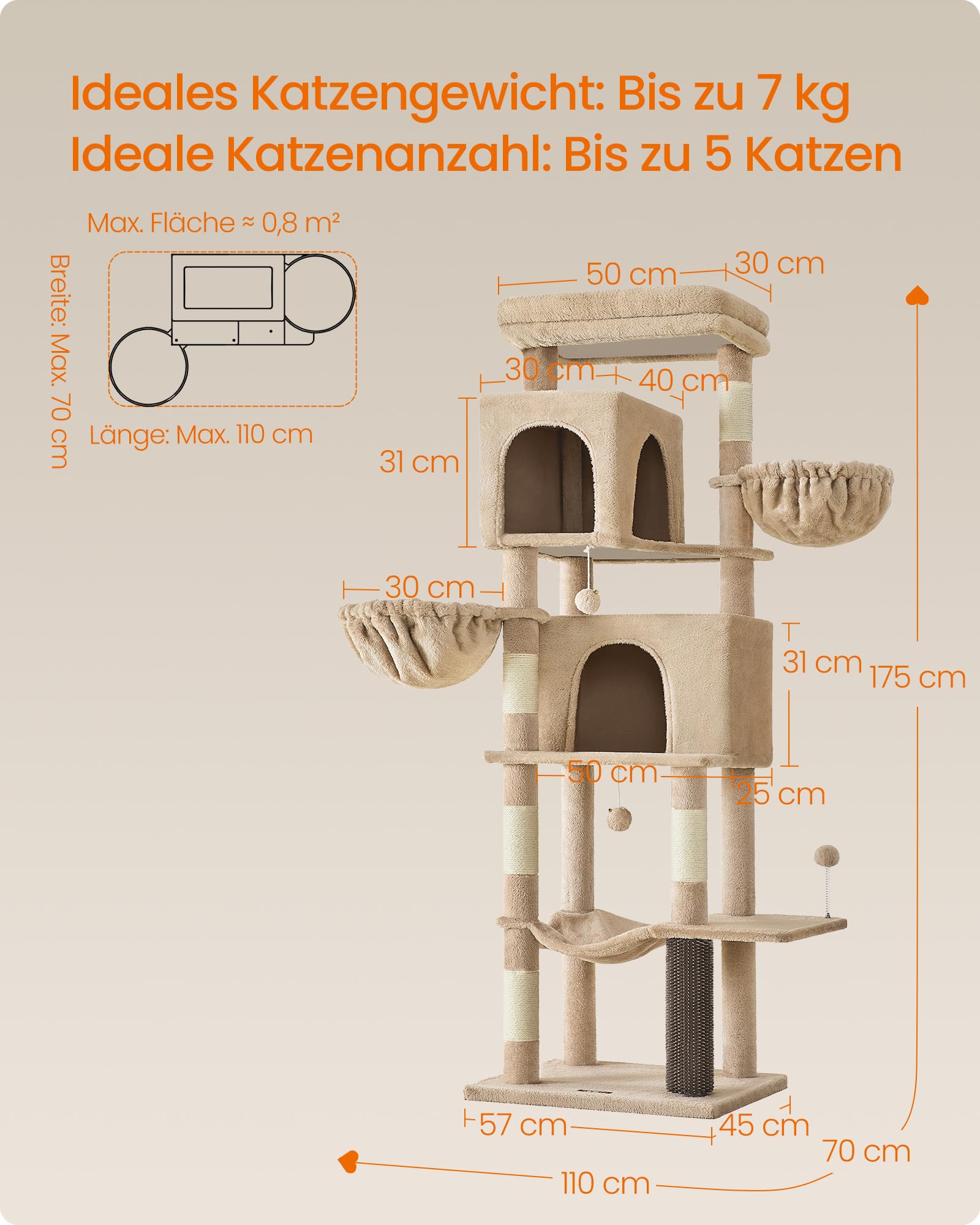 Feandrea Kratzbaum, 175 cm hoch, XL, mehrstöckiger Katzenbaum mit 2 Höhlen, 2 Liegemulden, 5 Kratzsäulen, Katzenbürste, große Plattform, Taubengrau PCT182G01