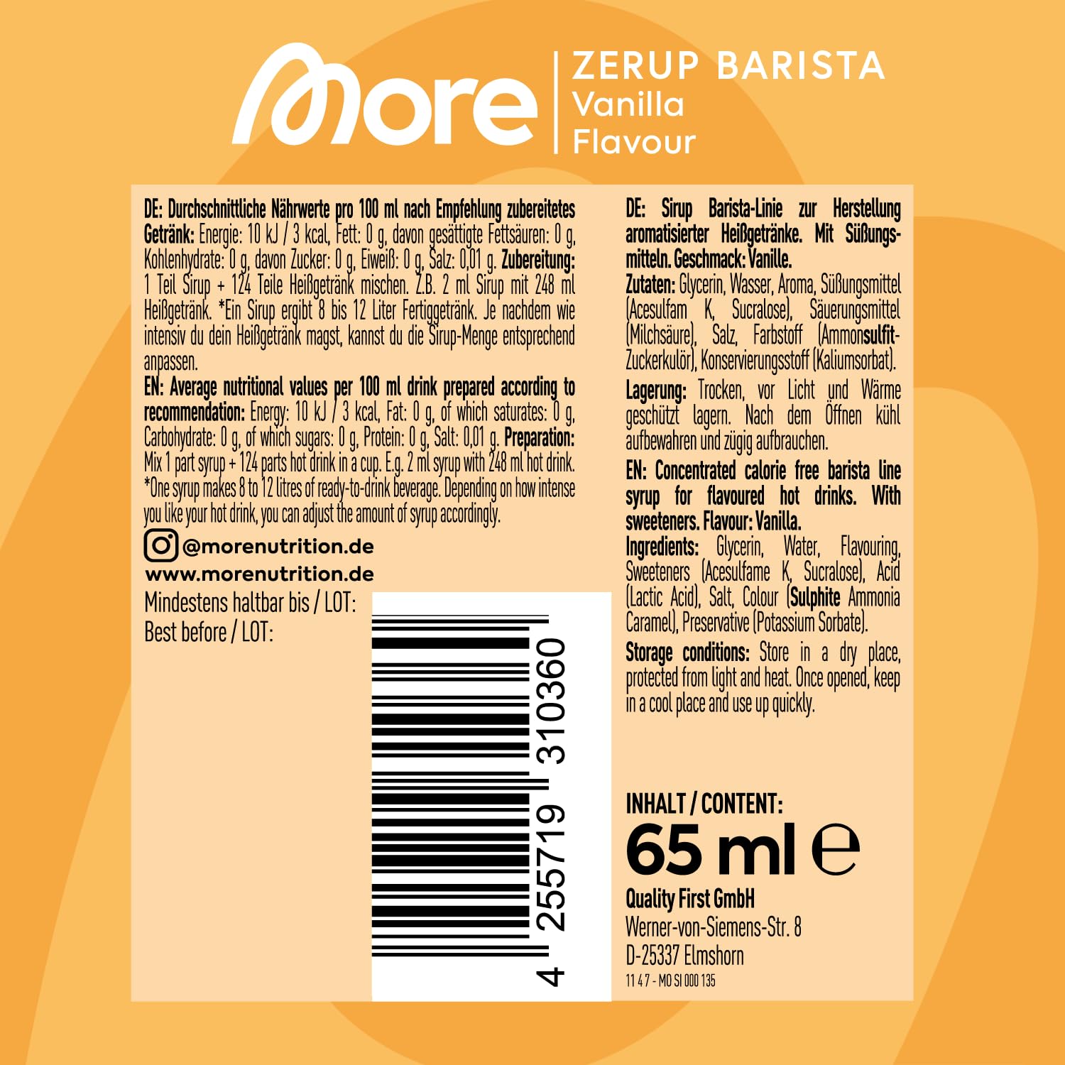 MORE Barista Zerup, Vanilla, 65 ml, für Kaffee, Tee und Heißgetränke, vegan, zero Kalorien - made in Germany