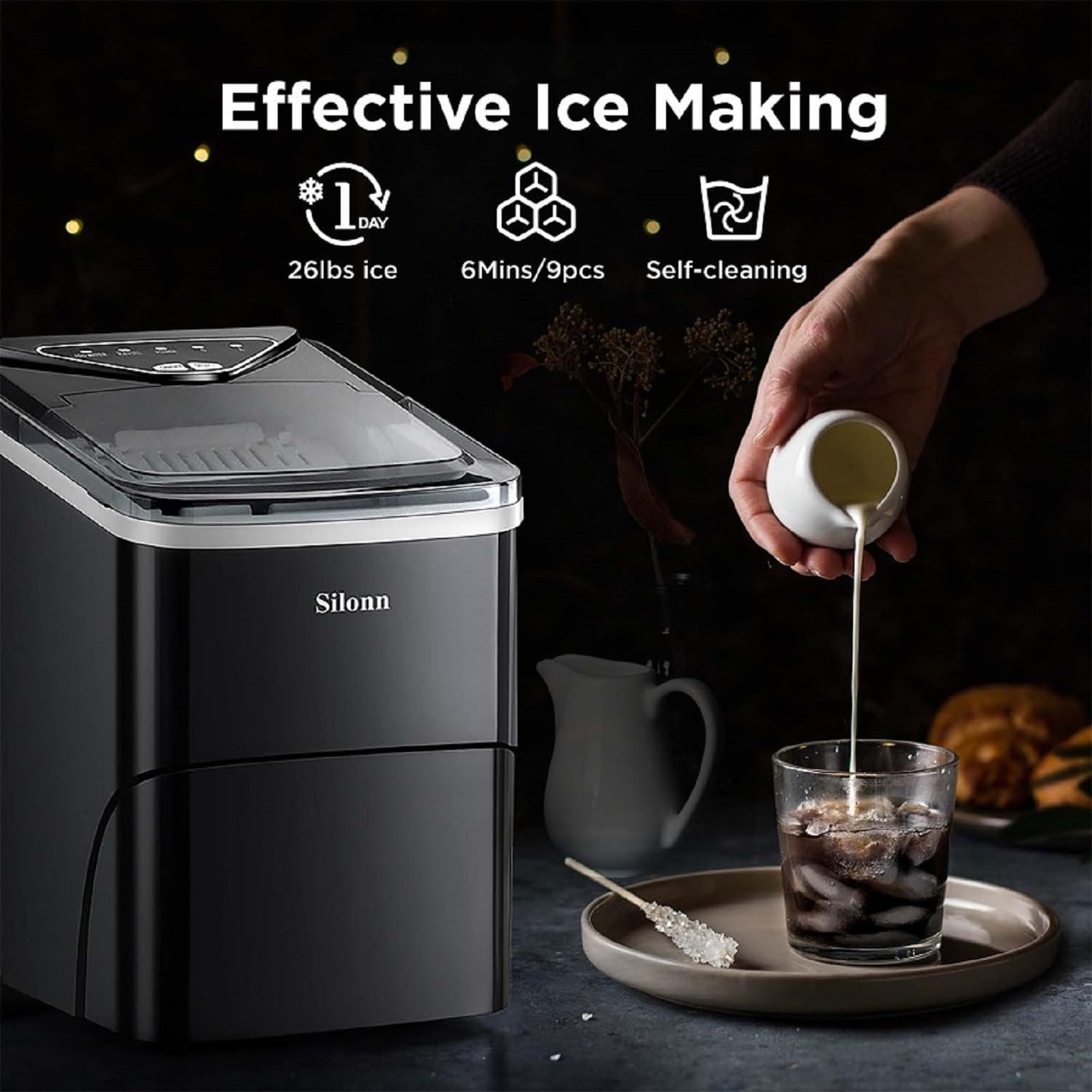 Nugget Ice Maker Countertop, Silonn Chewable Pellet Ice Machine with Self-Cleanin Function, 36lbs/24H Portable Ice Makers for Home Kitchen Officce, Black