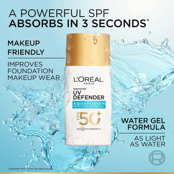 L’Oréal Paris UV Defender Aquafusion Daily Water Gel Sunscreen SPF50+ PA++++, Defends from all UV aging signs, Absorbs in 3 Seconds, 50ml