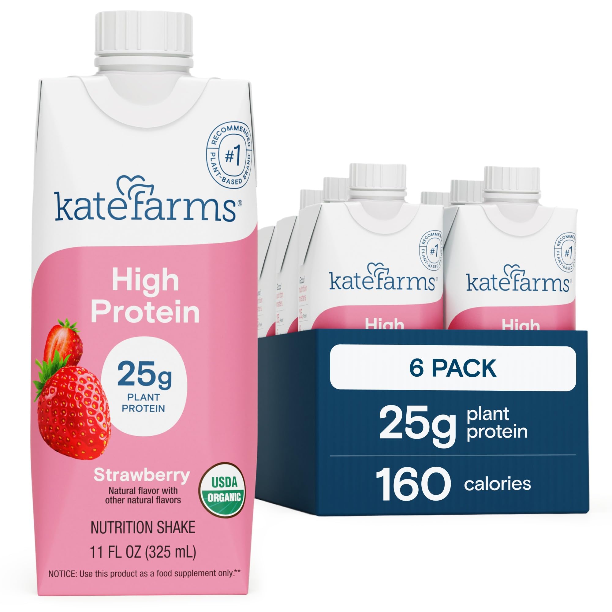 KATE FARMS Organic High Protein Chocolate Nutrition Shake, 25g Protein, 6g Fiber, 27 Vitamins and Minerals, 0g Sugar, Protein Drink, 11 oz (12 Pack)