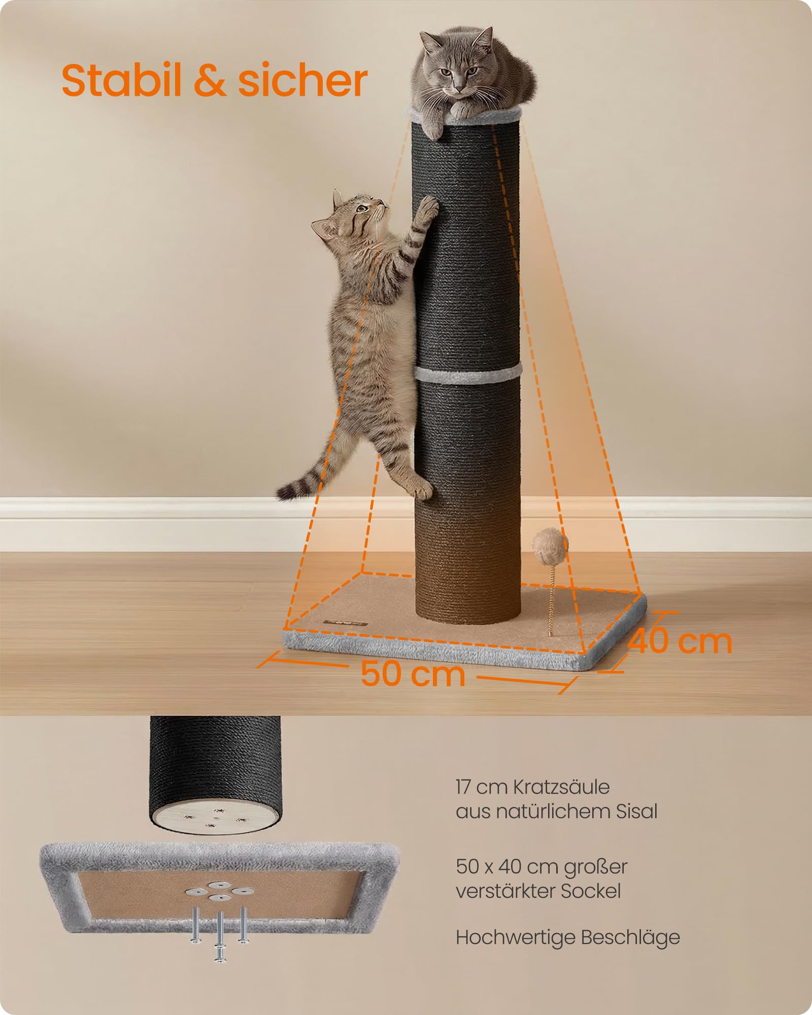 Feandrea Kratzbaum, 85 cm hoch, Kratzsäule XL, 13 cm Dicker Stamm, Katzenbaum, Kratzstamm für mittelgroße und große Katzen, Sisalstamm, mit Plüschball und Glocke, Taubengrau PCA041G01