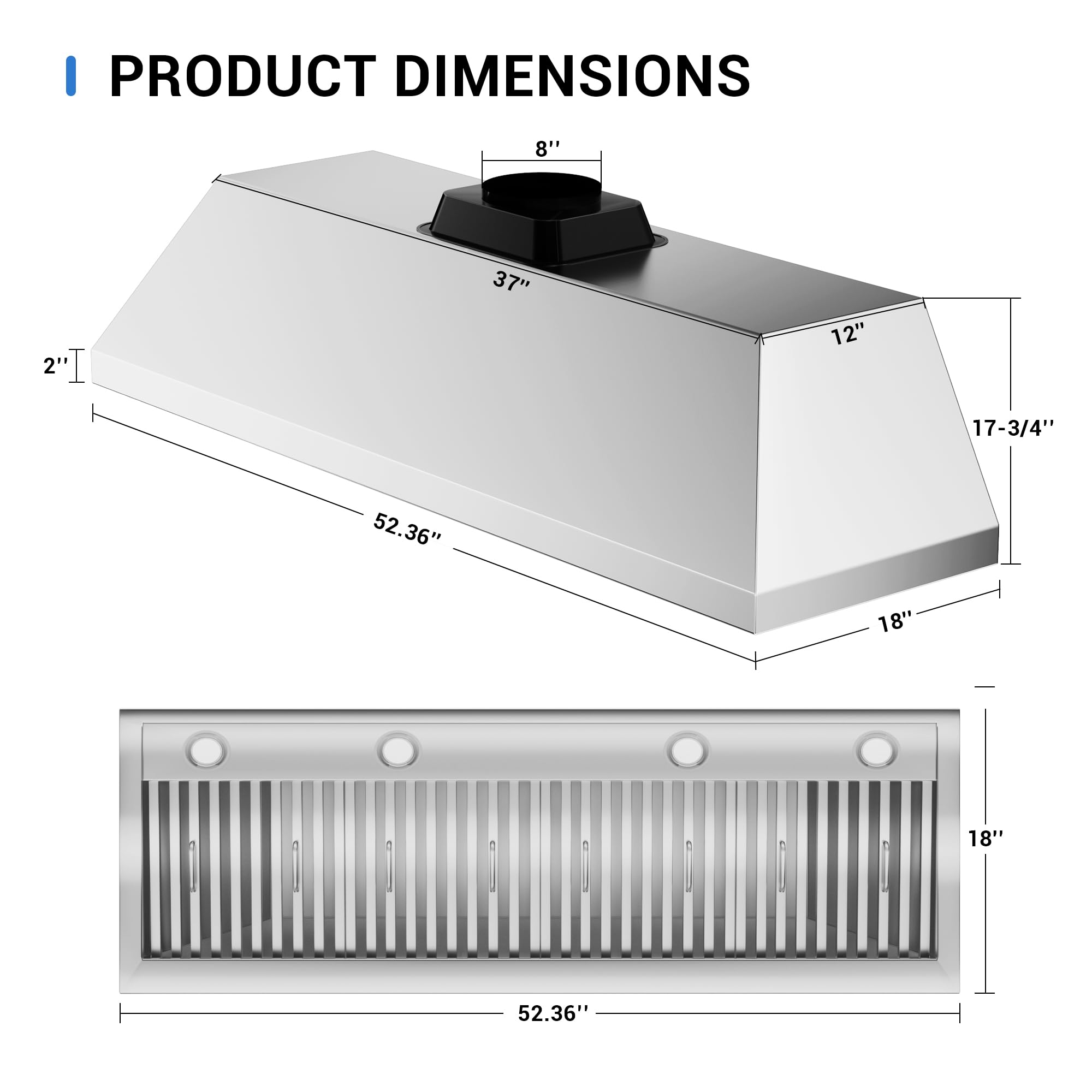 CT Copper Tailor Built-in Range Hood Insert Vent 48 Inch, 1150 CFM with 4-Speed Fan, LED Light, Dishwasher-safe Baffle Filter,Stainless Steel