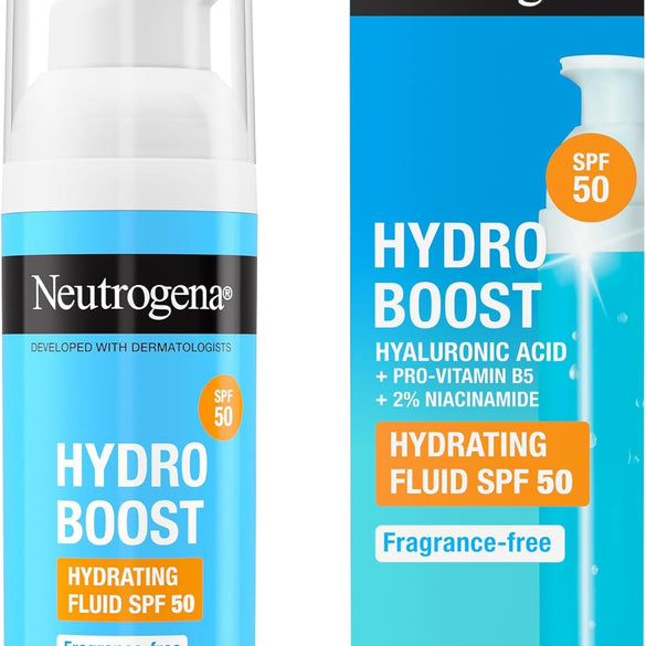 Neutrogena Hydro Boost Hydrating Sun Fluid SPF 50, Lightweight, Non-Sticky, with Hyaluronic Acid, Pro-Vitamin B5 and 2% Niacinamide, 50ml