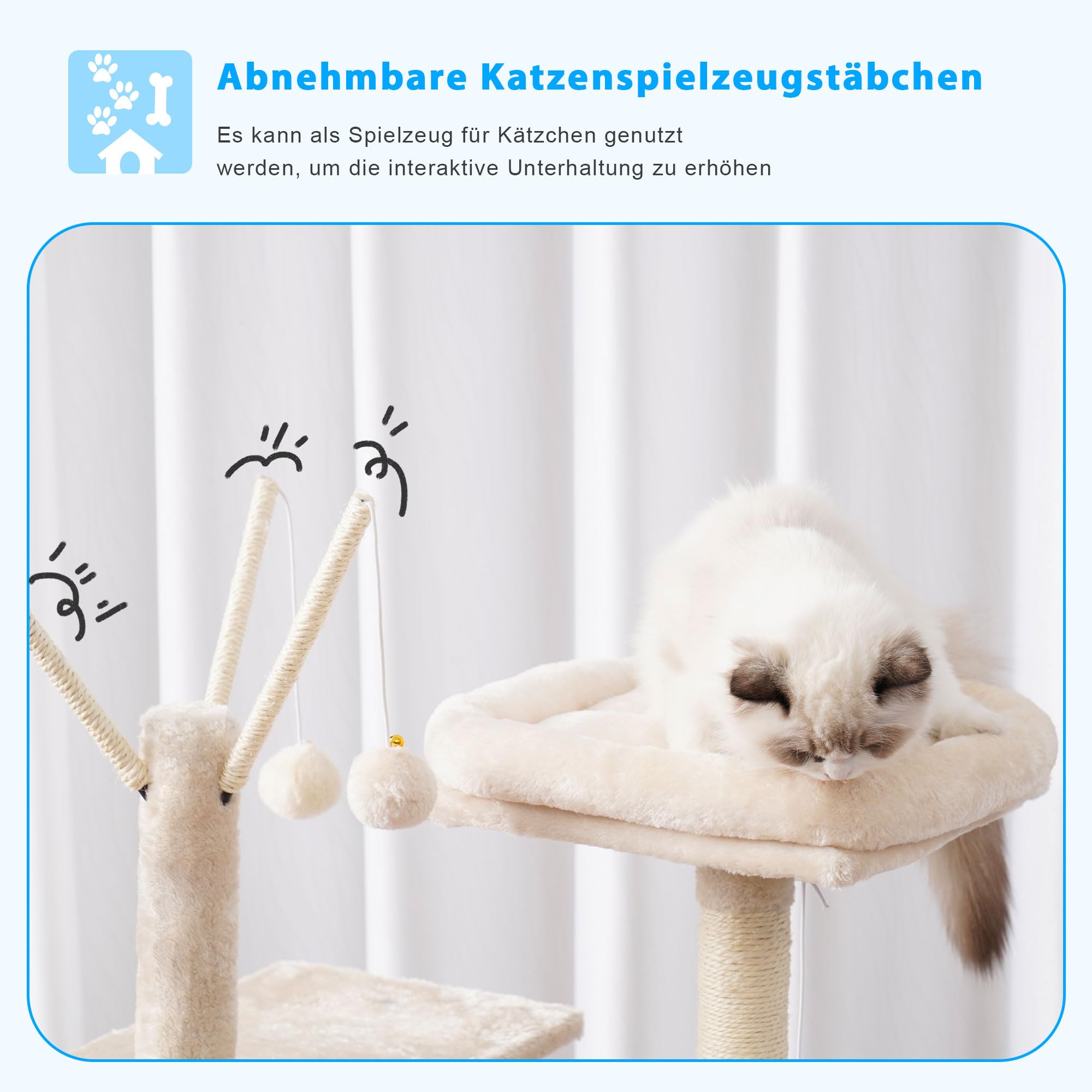 Hey-Brother Kratzbaum, 135 cm Indoor Katzenbaum, Mit gepolsterter Plattform Bett, Spielzeug Ball, Höhlen, Hängematte und Sisal Kratzbaum Katzenhaus, Hellgrau MPJ019-SW