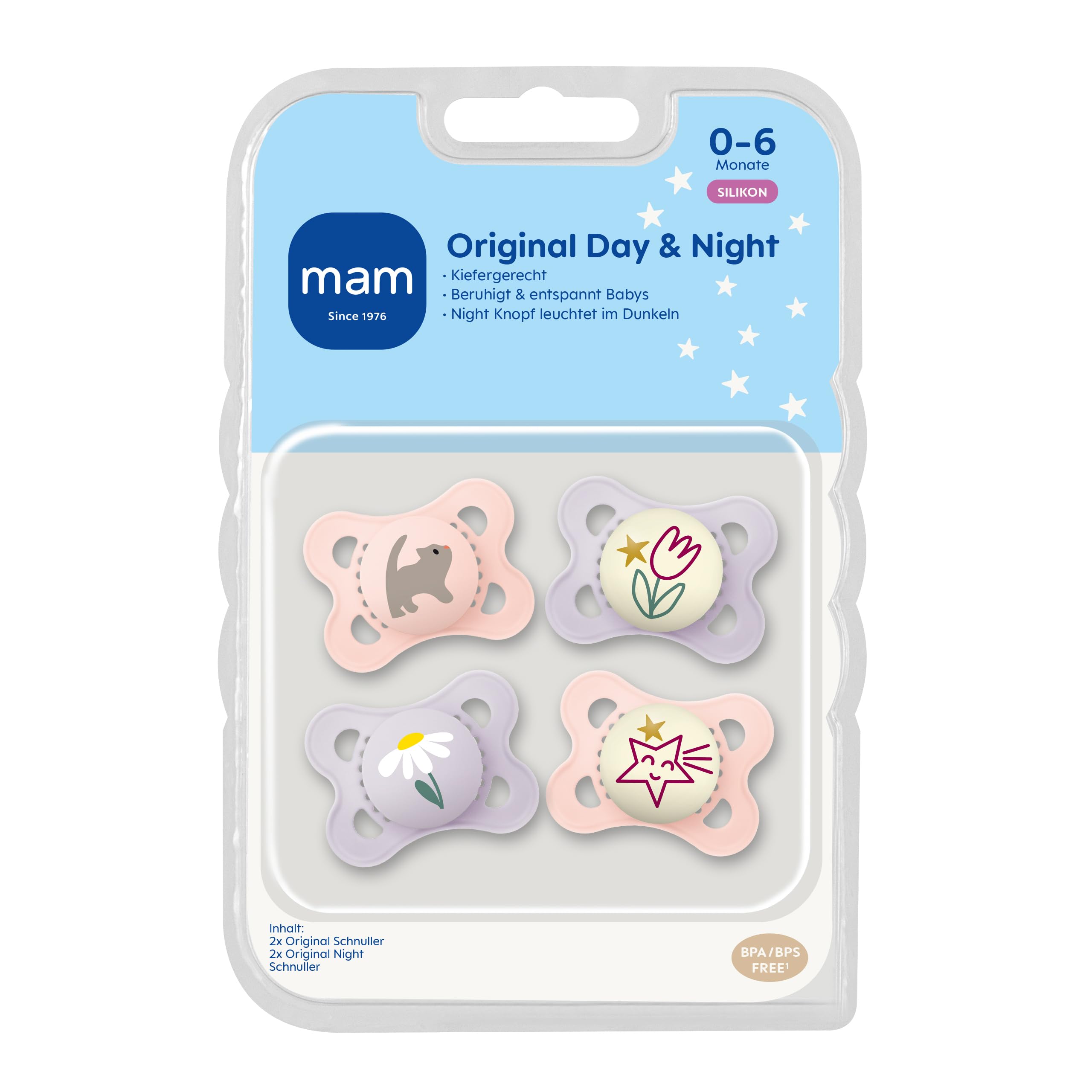 MAM Original Day & Night Matt Schnuller | 0-6 Monate | Schnuller für Neugeborene | 94% Akzeptanz | Babyschnuller beugt Zahnfehlstellungen vor | SkinSoft Silikon | Schaf/Hase | 4 Stück