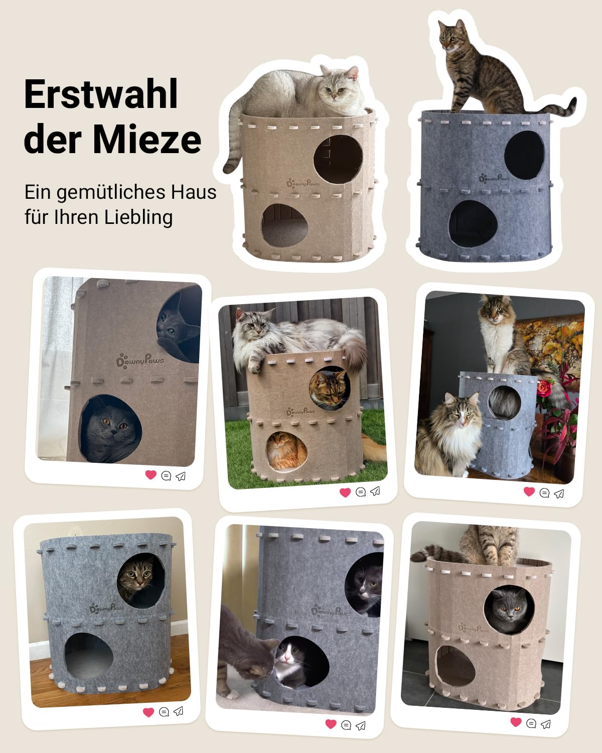 Katzenhöhle Filz, Katzenhaus aus Filz, Katzenbett, Katzenhöhle für Katzen, 58 x 33 x 30cm, Peek-a-Boo zum Spielen, Winterfest, Schutz der Katzennägel, Beige