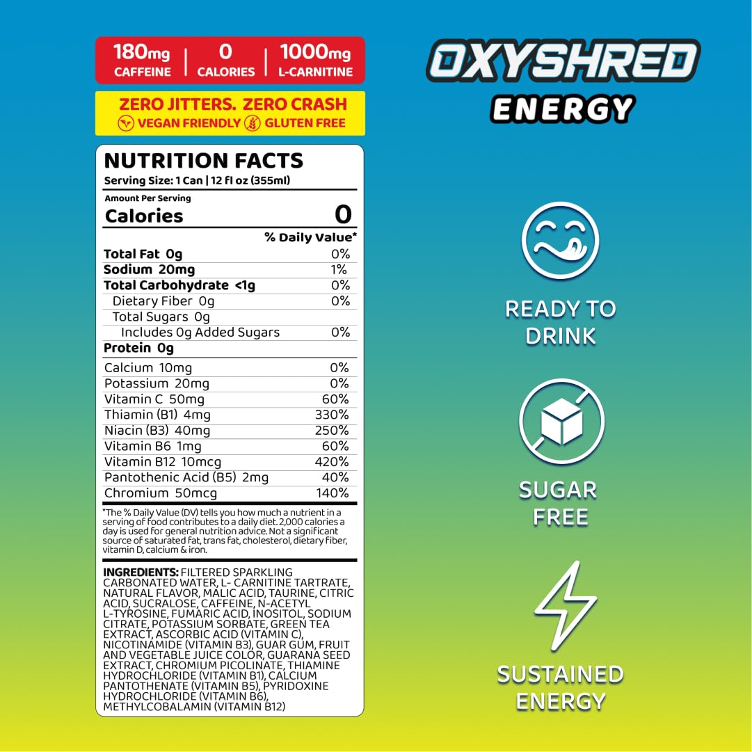 EHP Labs OxyShred Healthy Energy Drink - Zero Sugar Energy Drinks with Amino Acids, Green Tea Extract, Vitamin C & L-Carnitine - Zero Carbs, Zero Calories, Clean Caffeine, Bahama Breeze (12-Pack)