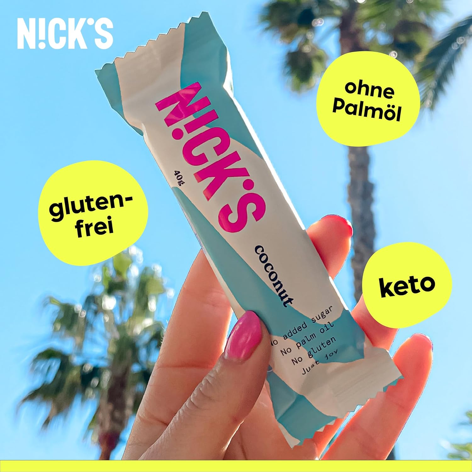 NICKS Keto Riegel Coconut, Schokolade Kokos Snacks, 175 Kalorien, 2 Net carbs, ohne Zuckerzusatz, Glutenfrei, Low carb Süssigkeiten (15x40g)