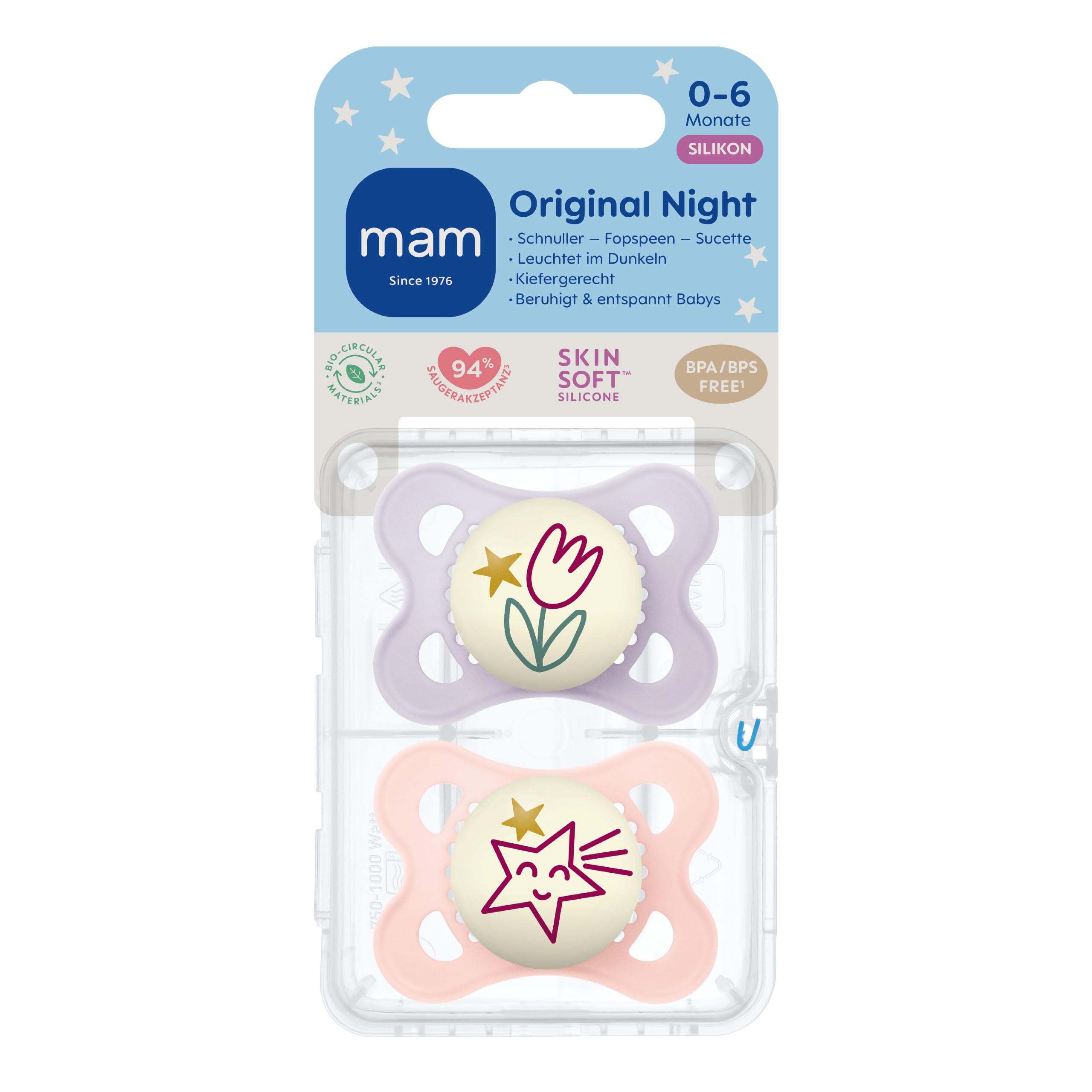MAM Original Day & Night Matt Schnuller | 0-6 Monate | Schnuller für Neugeborene | 94% Akzeptanz | Babyschnuller beugt Zahnfehlstellungen vor | SkinSoft Silikon | Schaf/Hase | 4 Stück