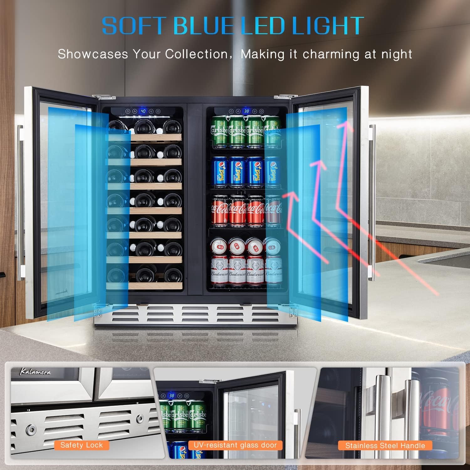 Kalamera 24 inch Wine Cooler, 37 Bottle - Dual Zone Built-in or Freestanding Fridge with Stainless Steel Reversible Glass Door, for Home, Kitchen or Office