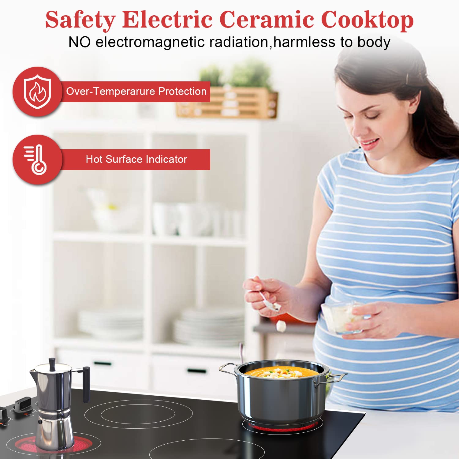 Karinear 30 Inch Electric Cooktop 4 Burners, Knob Control Built-in Ceramic Cooktop, 30" Radiant Electric Stove Top with Glass Protection Metal Frame,Fits Most Existing Cutouts, 220-240v, Hard Wire