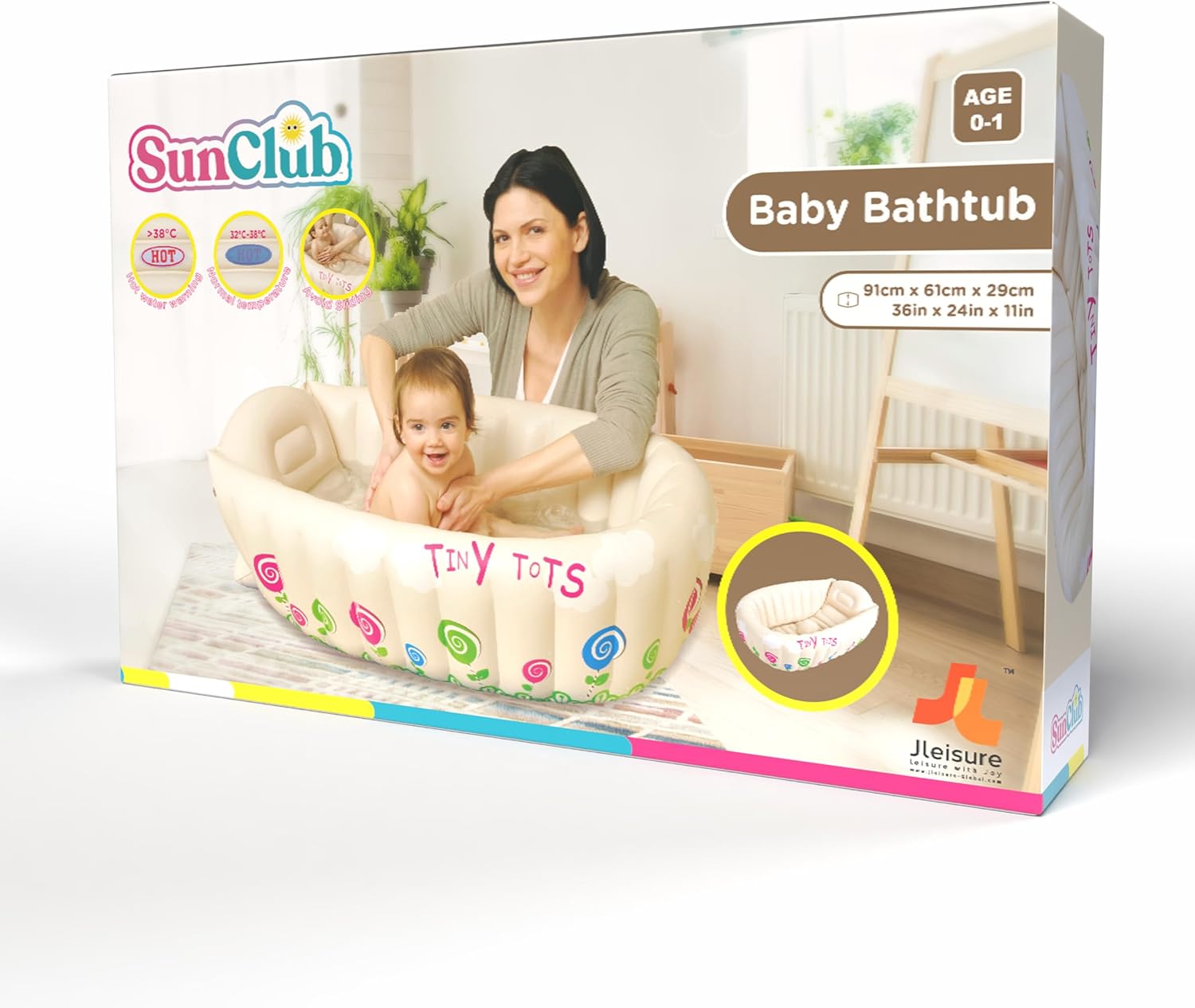 SunClub Baby Badewanne aufblasbar Planschbecken 91x61x29 cm Pool für Kinder mit Warnanzeige Thermometer faltbar für die Dusche oder unterwegs
