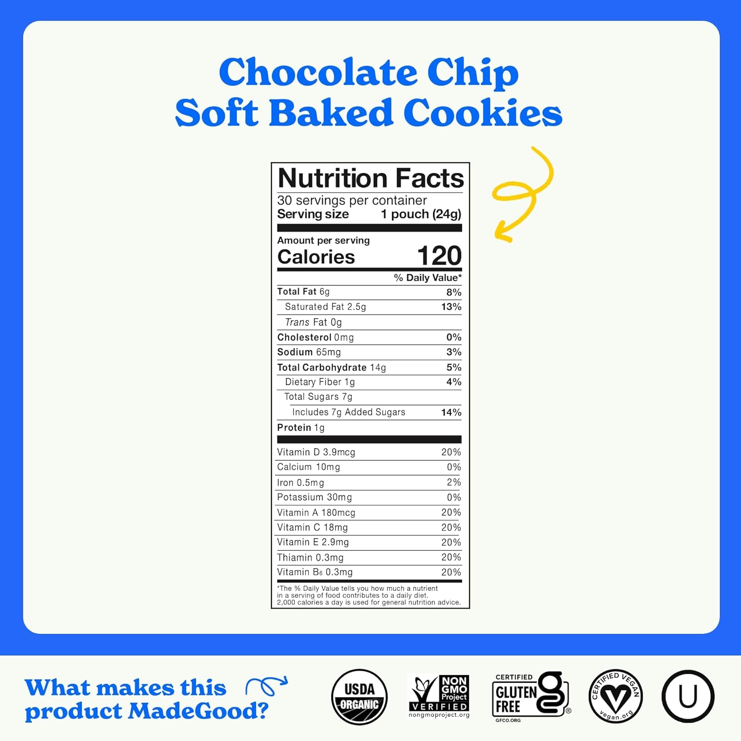 MadeGood Soft Baked Chocolate Chip Mini Cookies, Gluten Free & Safe For School Snacks, 30 Count
