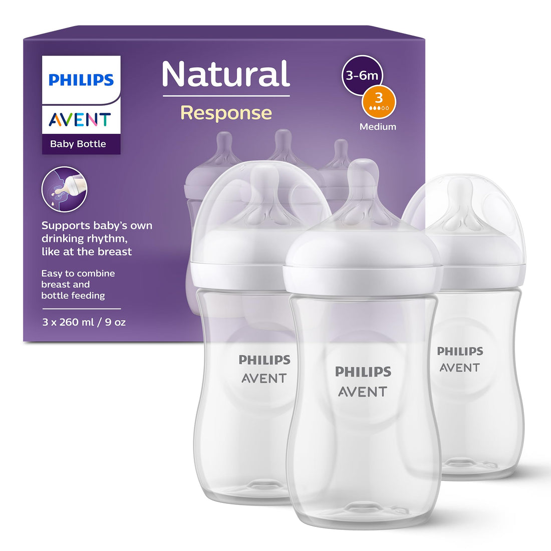 Philips Avent Natural Response Babyflasche mit 260 ml mit Saugern für mittleren Nahrungsfluss (Durchflussrate 3), 3er-Pack, SCY903/03