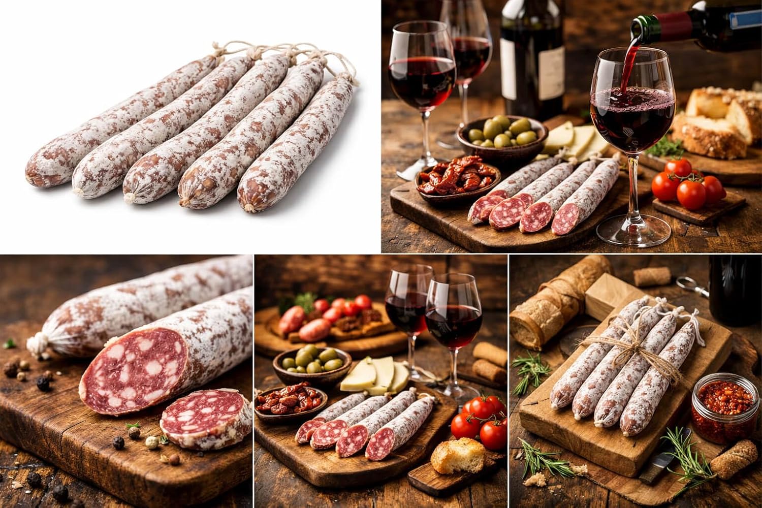 Spanische Fuet Wurst 5er Set – katalanische luftgetrocknete Salami, verschiedene Sorten im Mix, große Auswahl, ideal für Tapasplatte, Snack & Party