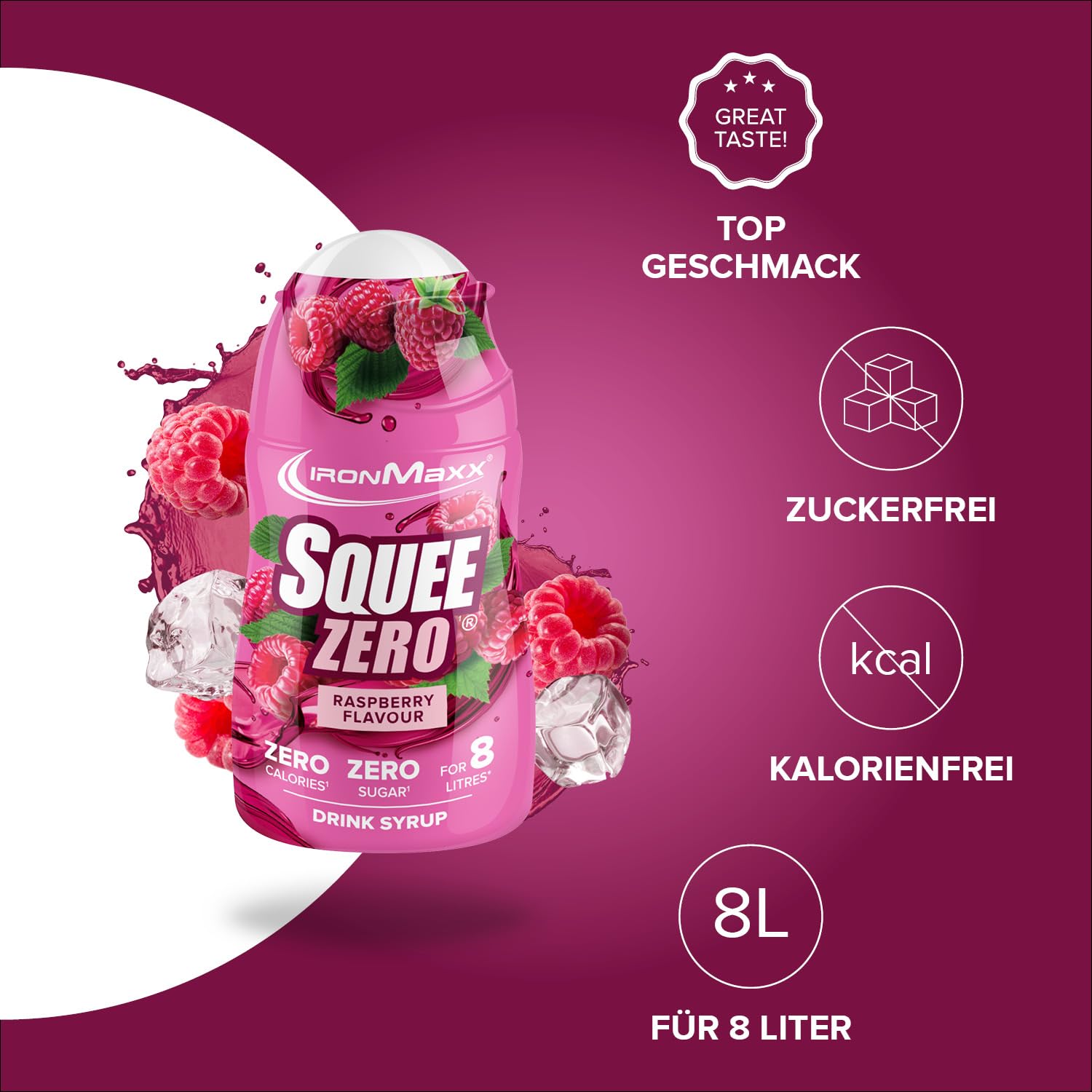IronMaxx SqueeZero - Raspberry 65ml | Sirup, Erfrischendes Geschmackserlebnis für 8 Liter, Zuckerfrei und Kalorienfrei in 100ml verzehrfertigem Getränk