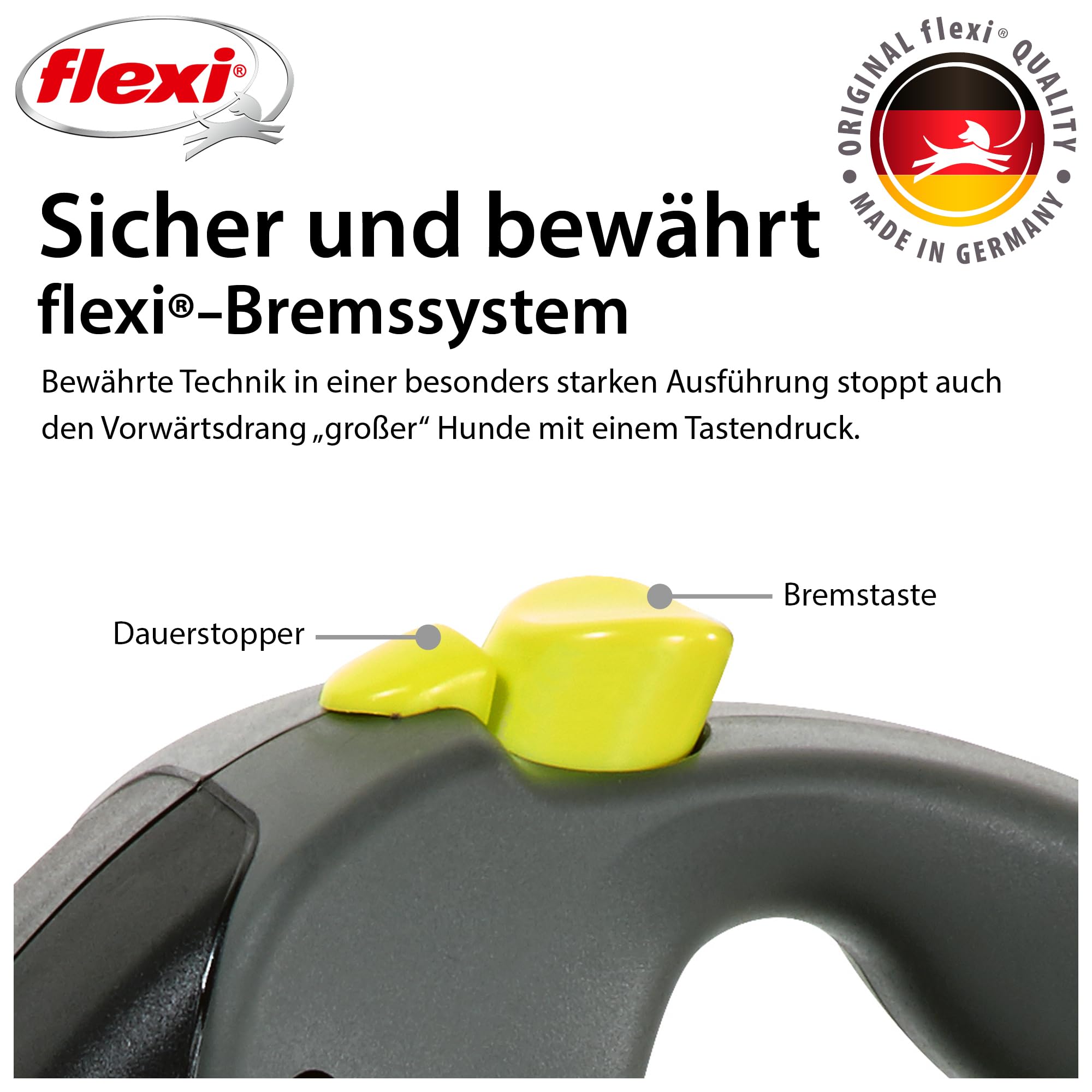 flexi® Giant S/M | 8m Gurt Roll-Leine für Hunde bis 25 kg | schwarz/neon-gelb | ausziehbare Hundeleine | Gewicht 438.4 gr | Maße 15.3 x 19.2 cm
