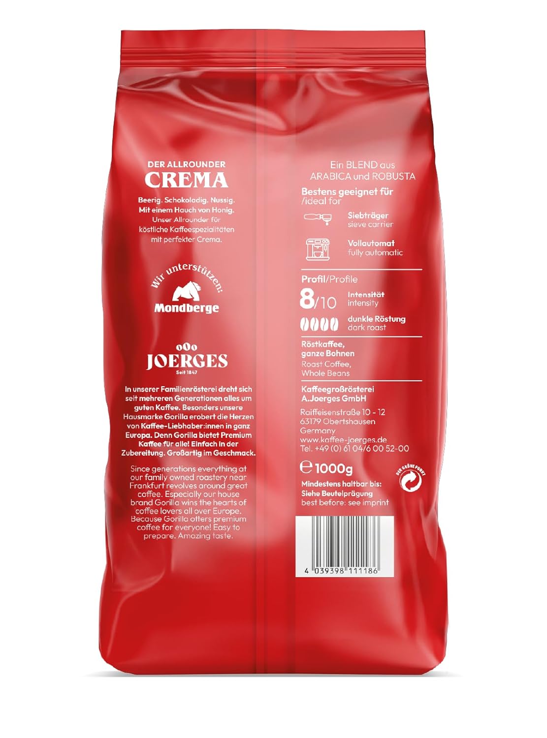 Joerges Gorilla Super Bar Crema Kaffeebohnen 1 kg Vollmundiger Geschmack, intensives Aroma in jeder Tasse