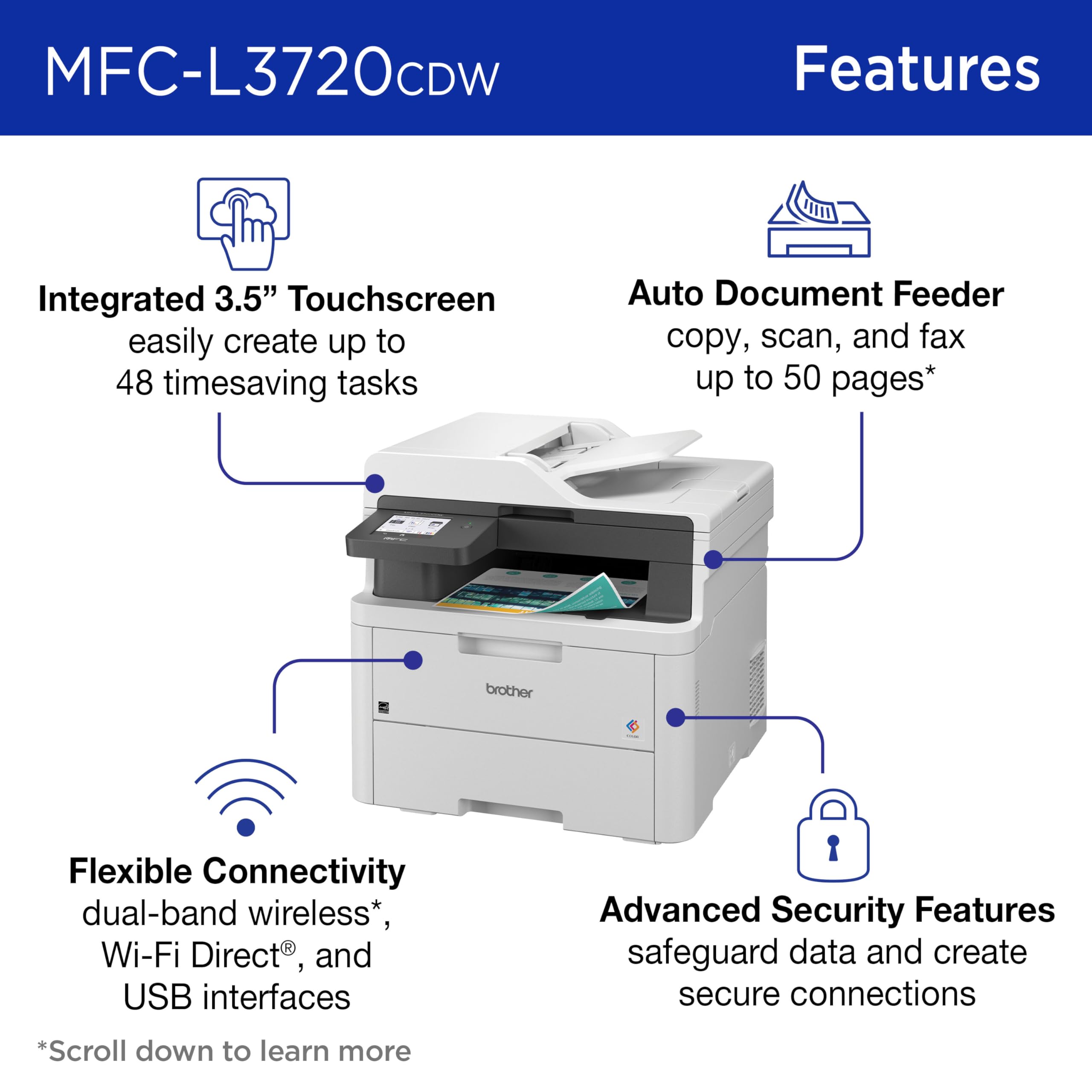 Brother MFC-L3720CDW Wireless Color Laser Printer with Scanner, Copier and Fax | Auto Duplex and 250-Sheet Capacity | Includes Refresh Subscription Trial(1). Amazon Dash Replenishment Ready