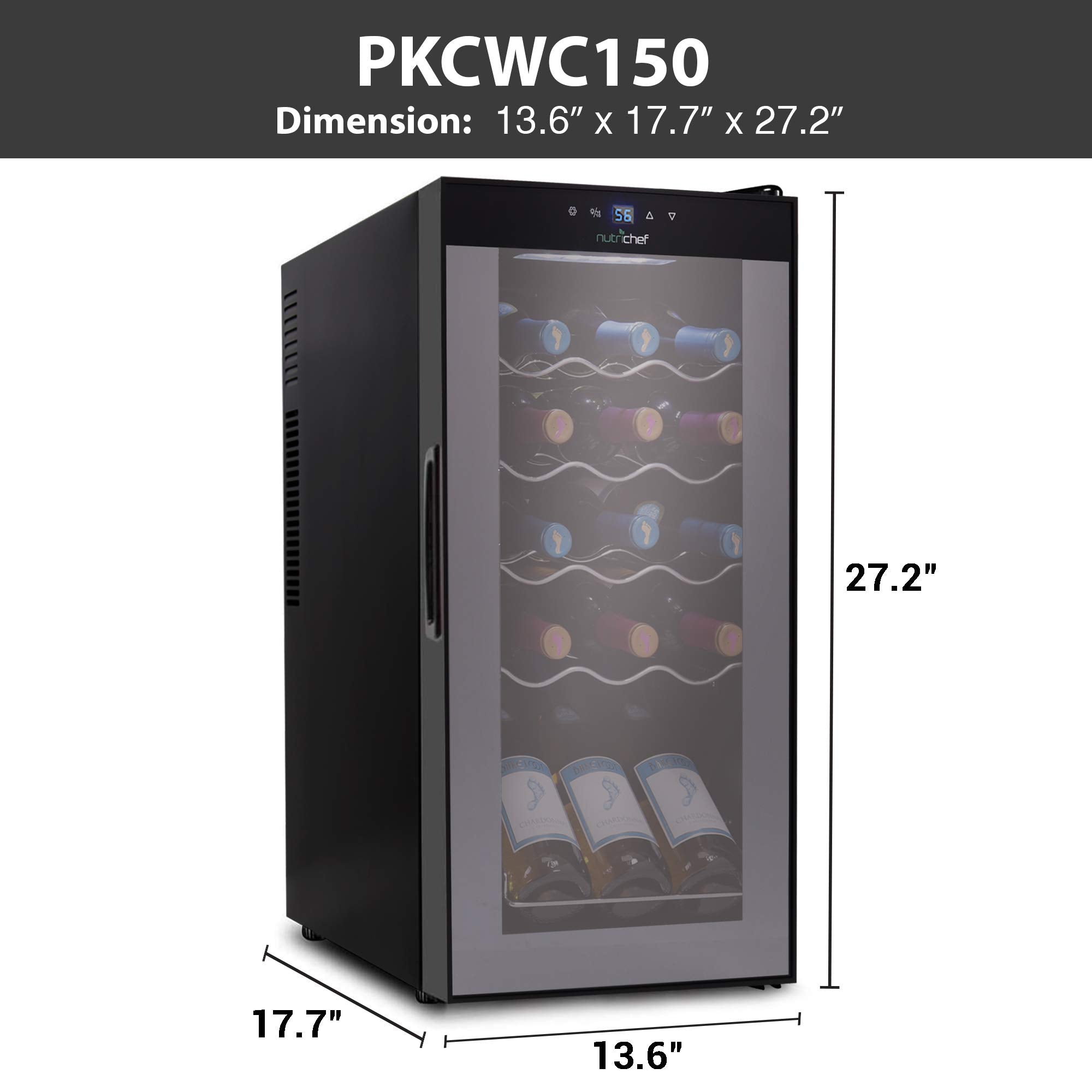 Nutrichef 12 Bottle Stainless Steel Slim Wine Fridge | Red & White Wine Chiller | Adjustable Temperature Control, Ultra Quiet Operation & Energy Efficient | Mini Wine Cooler Refrigerator | 31x10x17 IN