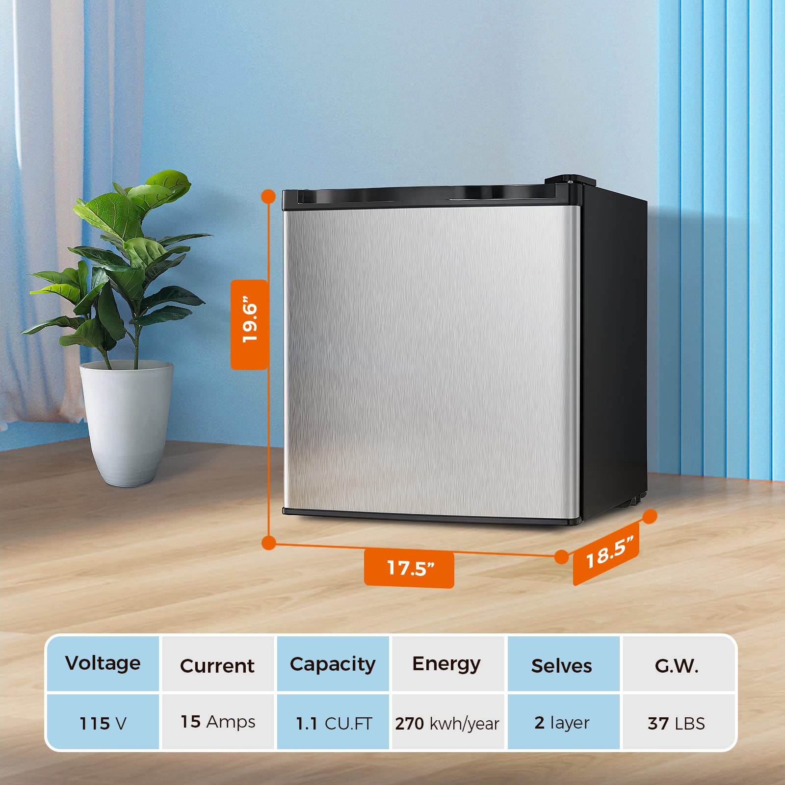 Kismile Small Freezer Upright, 3.0 Cu.ft Mini Freezer with Adjustable Thermostat, Removable Shelves, Reversible Single Door, Stand Up Freezer for Bedroom/Home/Dorms/Apartment (Stainless Steel)