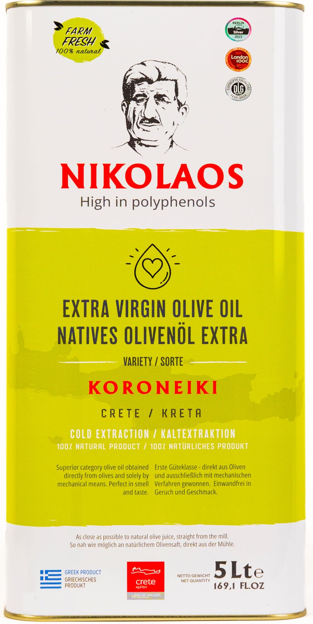 Olivenöl 5 L aus Kreta, Griechenland – „NIKOLAOS“ Premium-Qualität, reich an Polyphenolen, extra nativ, kaltgepresst. Neue Ernte: 2025/2026. MHD: bis September 2027