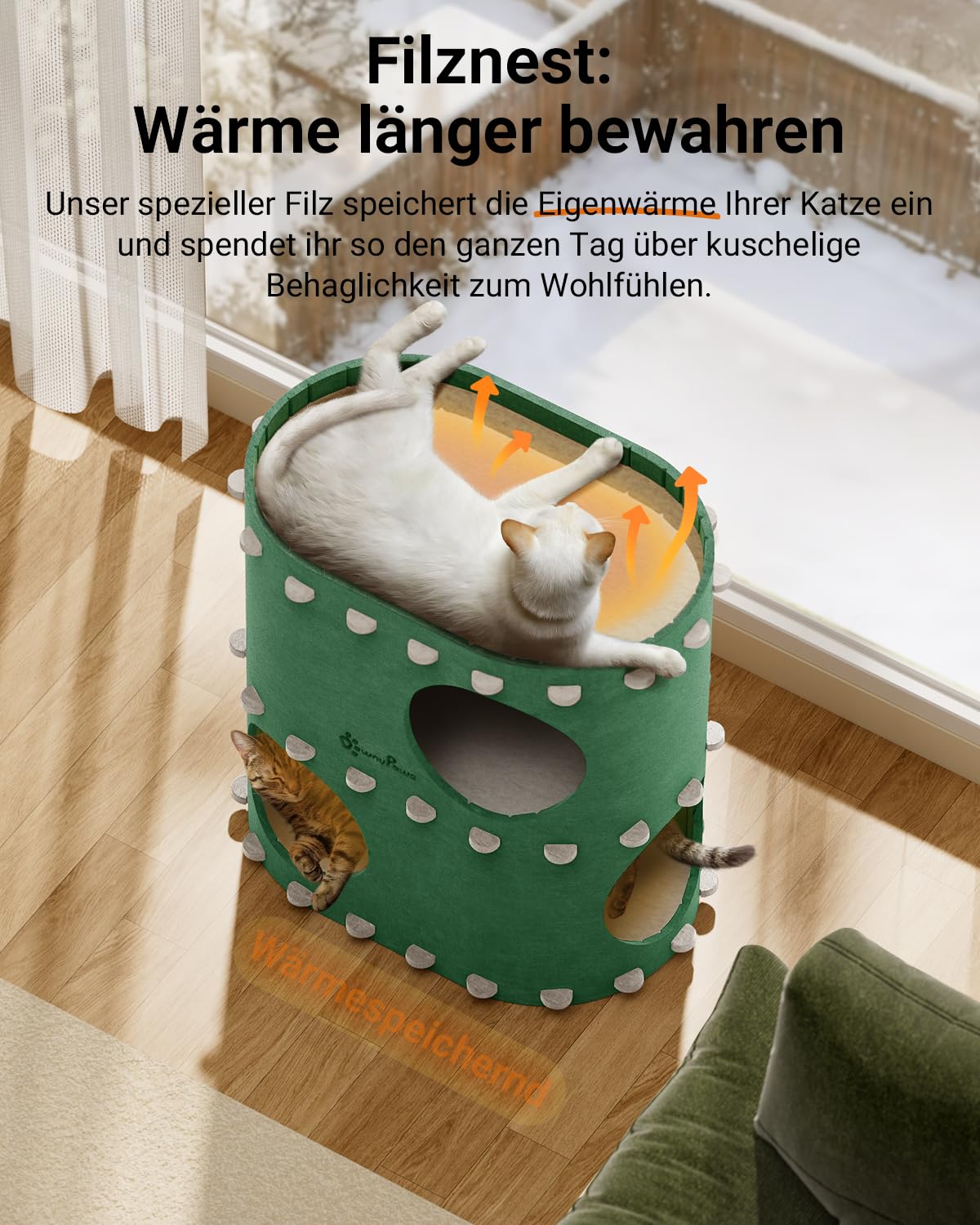 Katzenhöhle Filz, Katzenhaus aus Filz, Katzenbett, Katzenhöhle für Katzen, 58 x 33 x 30cm, Peek-a-Boo zum Spielen, Winterfest, Schutz der Katzennägel, Beige