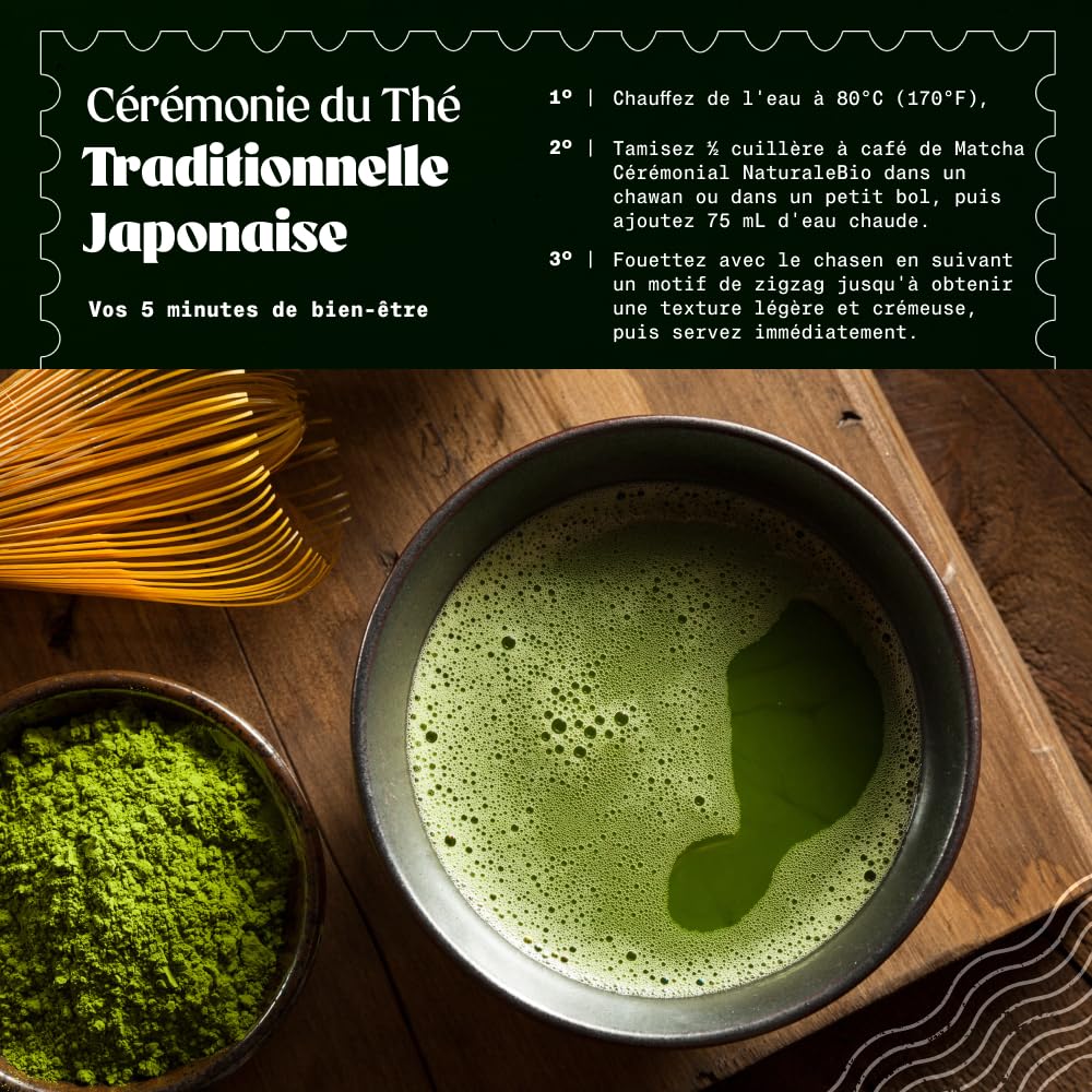 NaturaleBio Matcha Tee Pulver Bio - Premium-Qualität - 100g. Original Green Tea aus Japan. Japanischer ideal zum Trinken. Grüntee für Latte, Smoothies Getränk. Hergestellt in Uji, Kyoto.