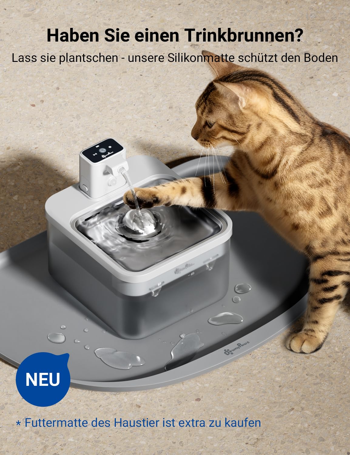 DownyPaws 2.5L Trinkbrunnen für Katze Kabellos, Katzenbrunnen Kabellos mit Bewegungsmelder, Batteriebetrieben Katzentrinkbrunnen, 4000mAh, Leise Wasserpumpe, Tablett aus Edelstahl für Katze, Schwarz