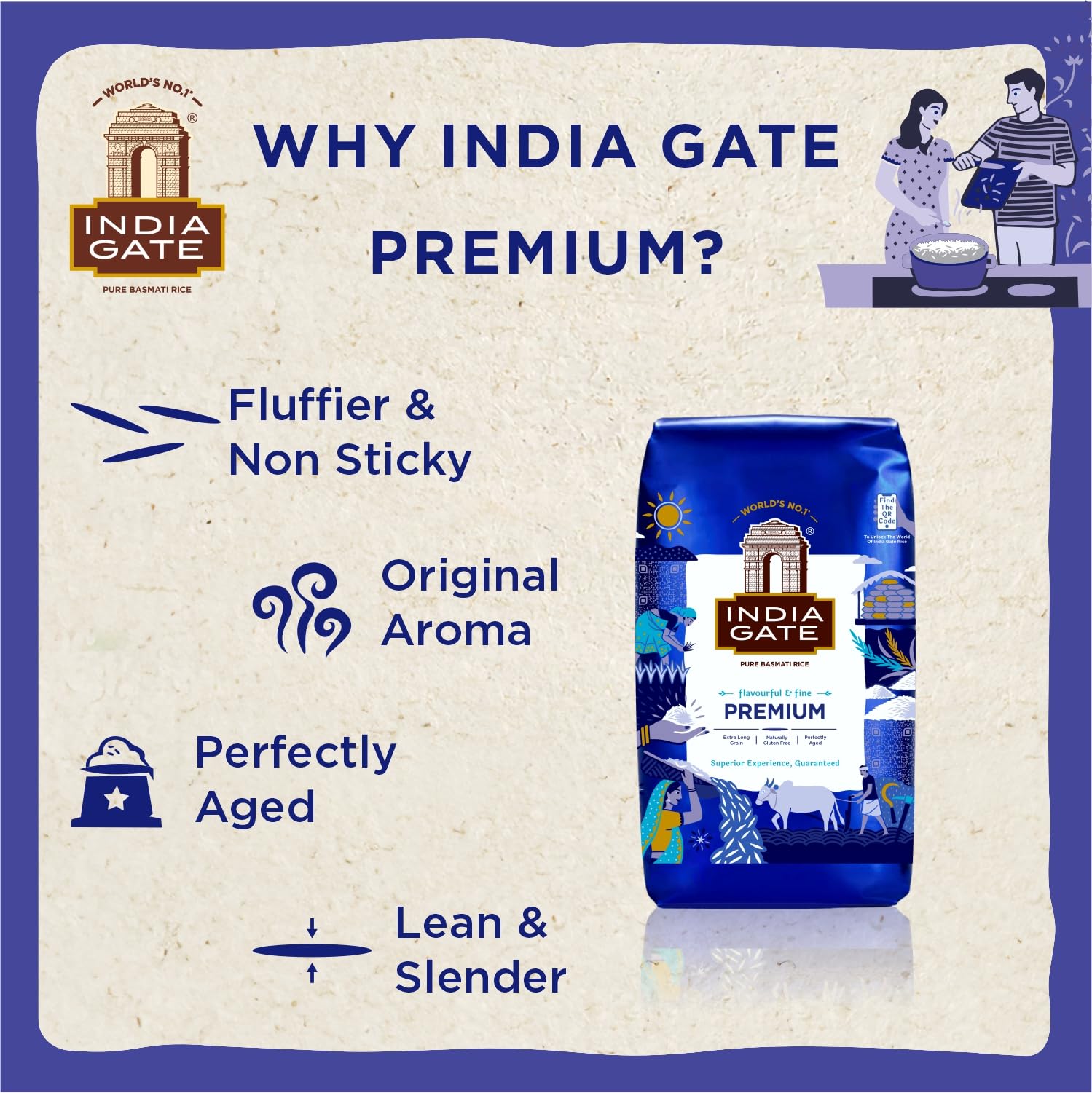 INDIA GATE Premium Basmati Reis – Feiner, aromatischer Langkornreis aus Indien, feines Langkorn (1 x 5 kg)