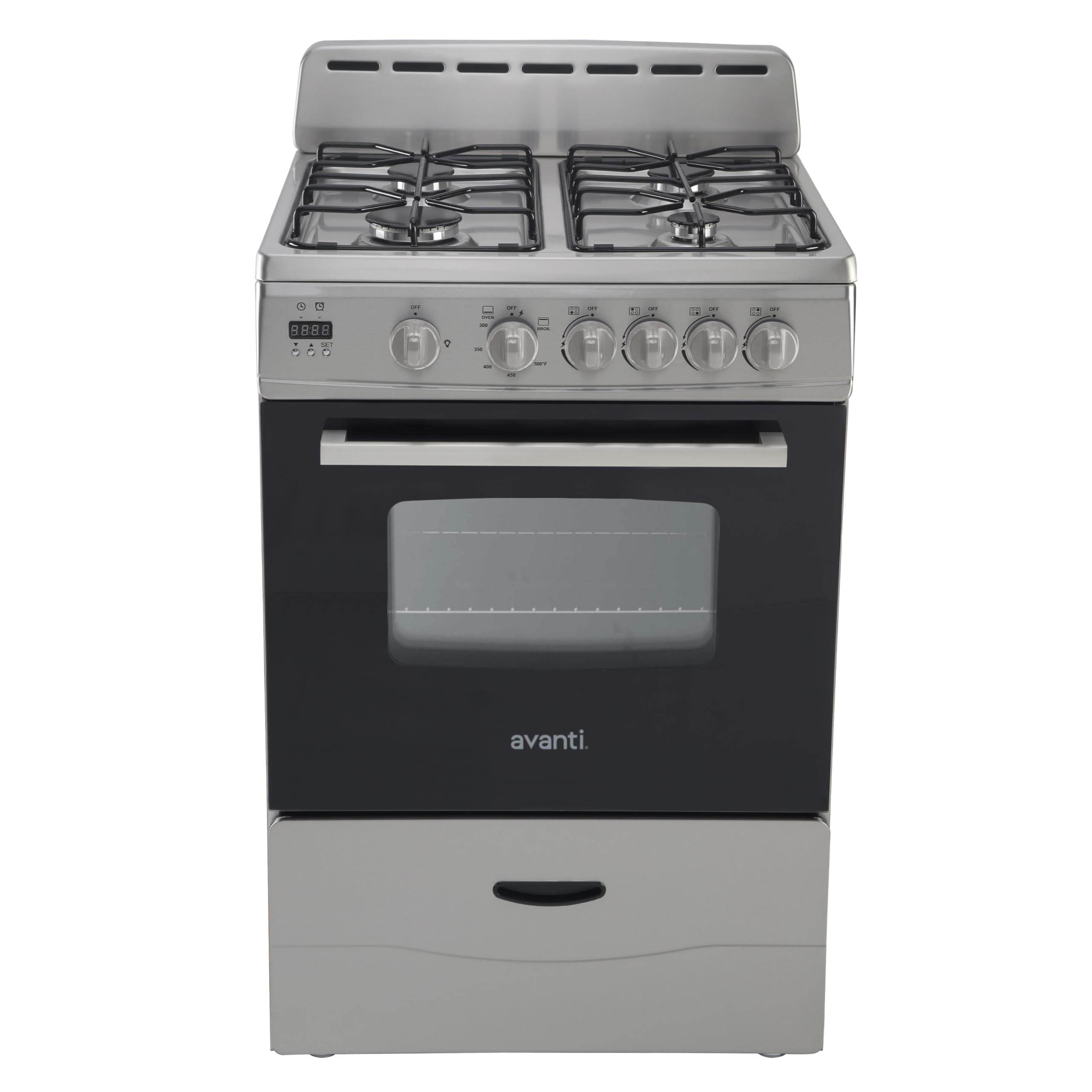 Avanti Compact Gas Range Oven 24-Inch with 4 Sealed Burners Automatic Electronic Ignition Large 2.6 cu.ft. Oven Storage Drawer Glass Door and Oven Light, in Stainless Steel