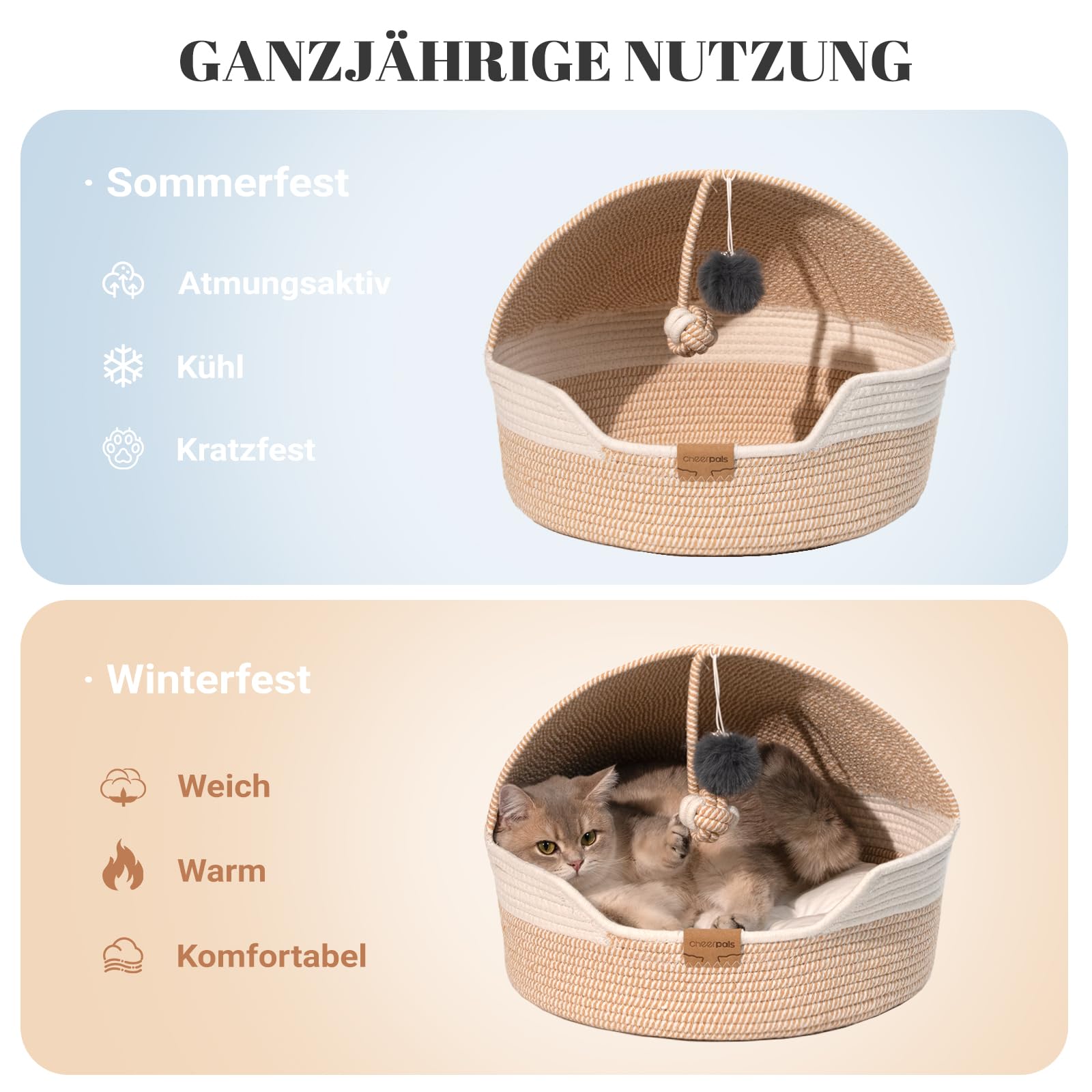 CheerPals Katzenbett mit Kissen, 47cm Waschbar Katzenkorb aus Baumwollseilen geflochten, zum Schlafen für Alle Katze, All Season Universal