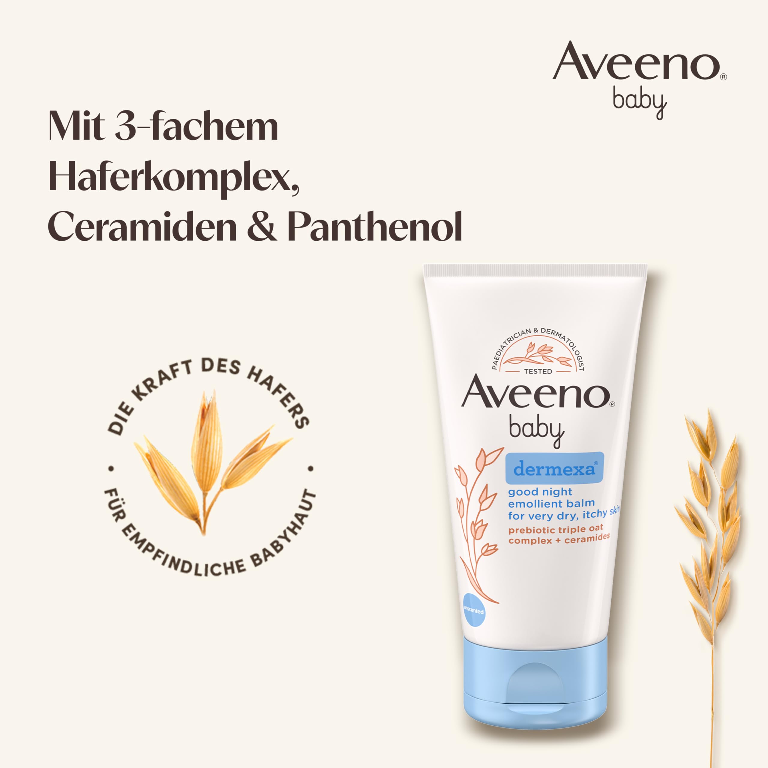 Aveeno® baby dermexa Emollientien Creme mit präbiotischem Hafermehl, Ceramiden & Panthenol für sehr trockene, juckende und zu Neurodermitis neigende Haut, 150 ml
