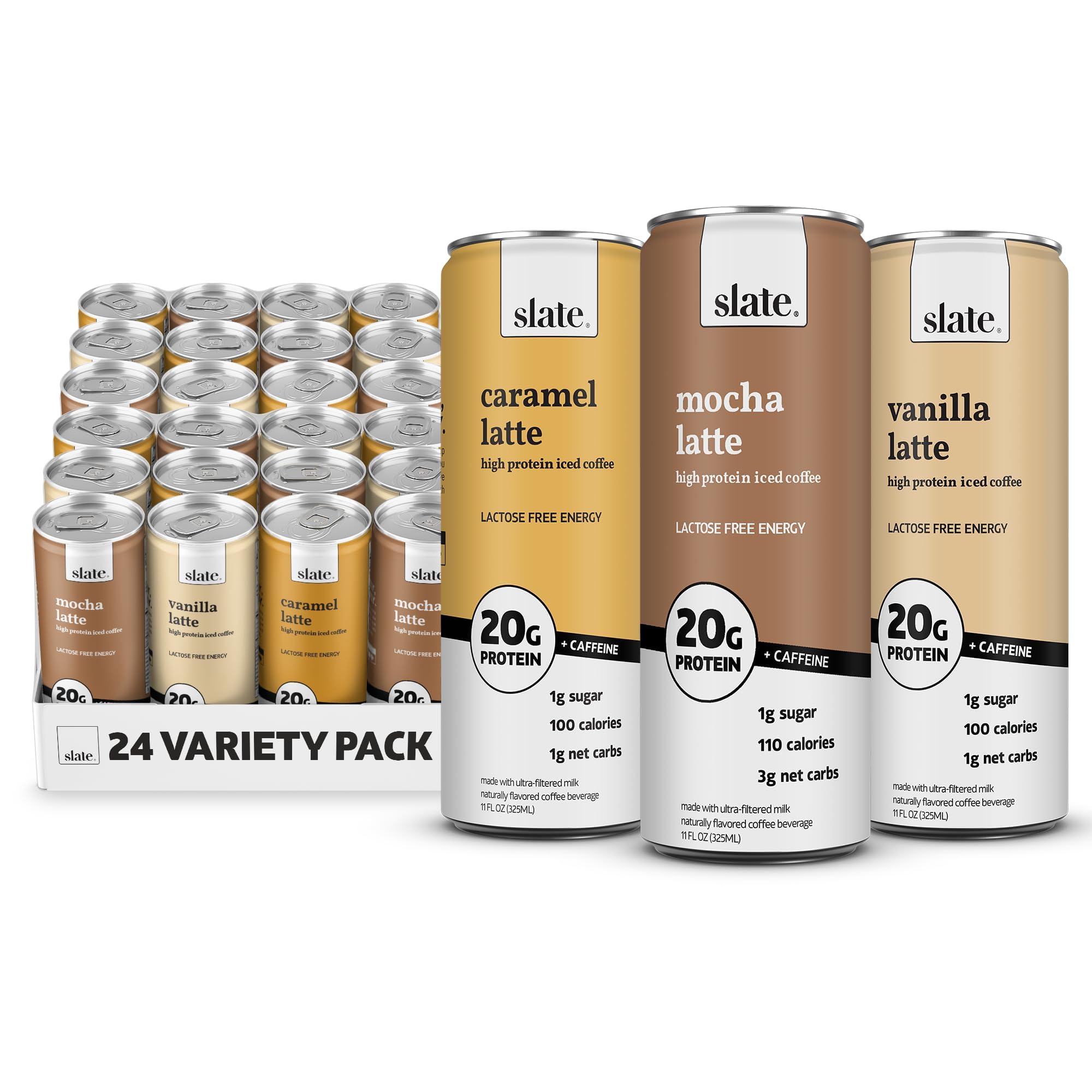 Slate Milk - High Protein Milkshake - French Vanilla - Lactose-Free, 20g Protein, 1g Sugar, 100 Calories, 1g Net Carbs, No Added Sugar - Natural, Breakfast Boost, Post Workout - 11 fl oz, 12 Cans