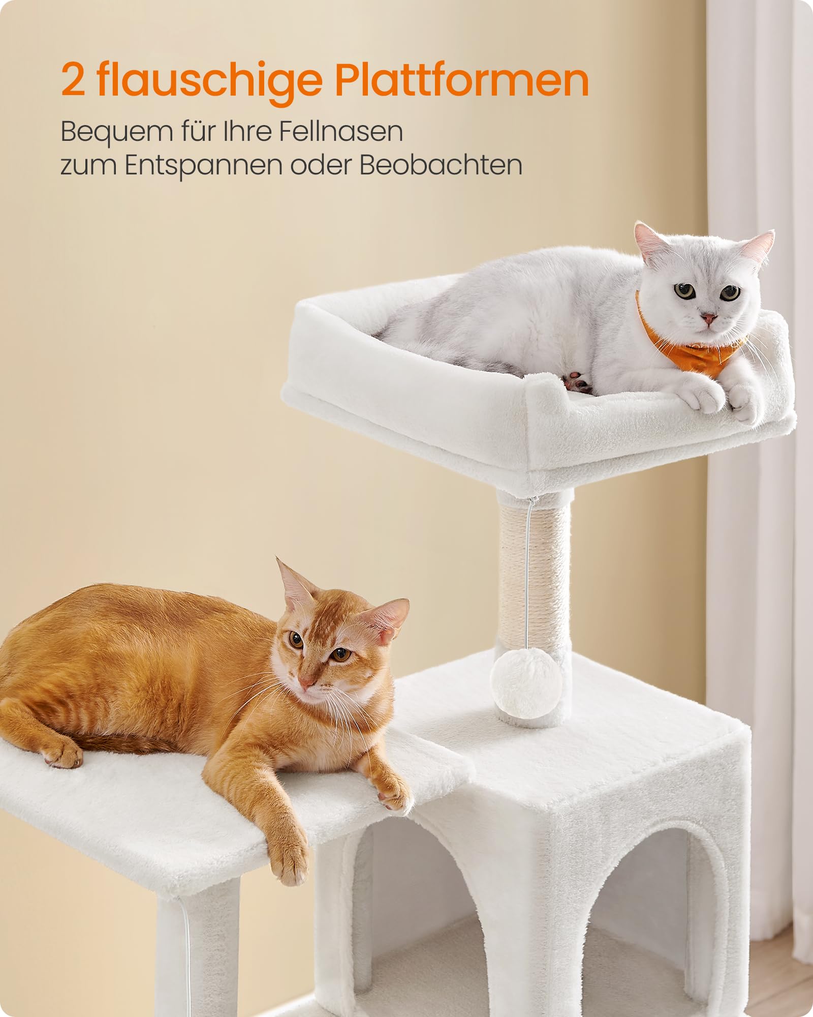 Feandrea Kratzbaum, 143 cm hoch, Katzenbaum, mehrstöckiges Katzenhaus, mit 4 Kratzsäulen, 2 Plattformen, Hängematte, Höhle, hellgrau PCT161W01