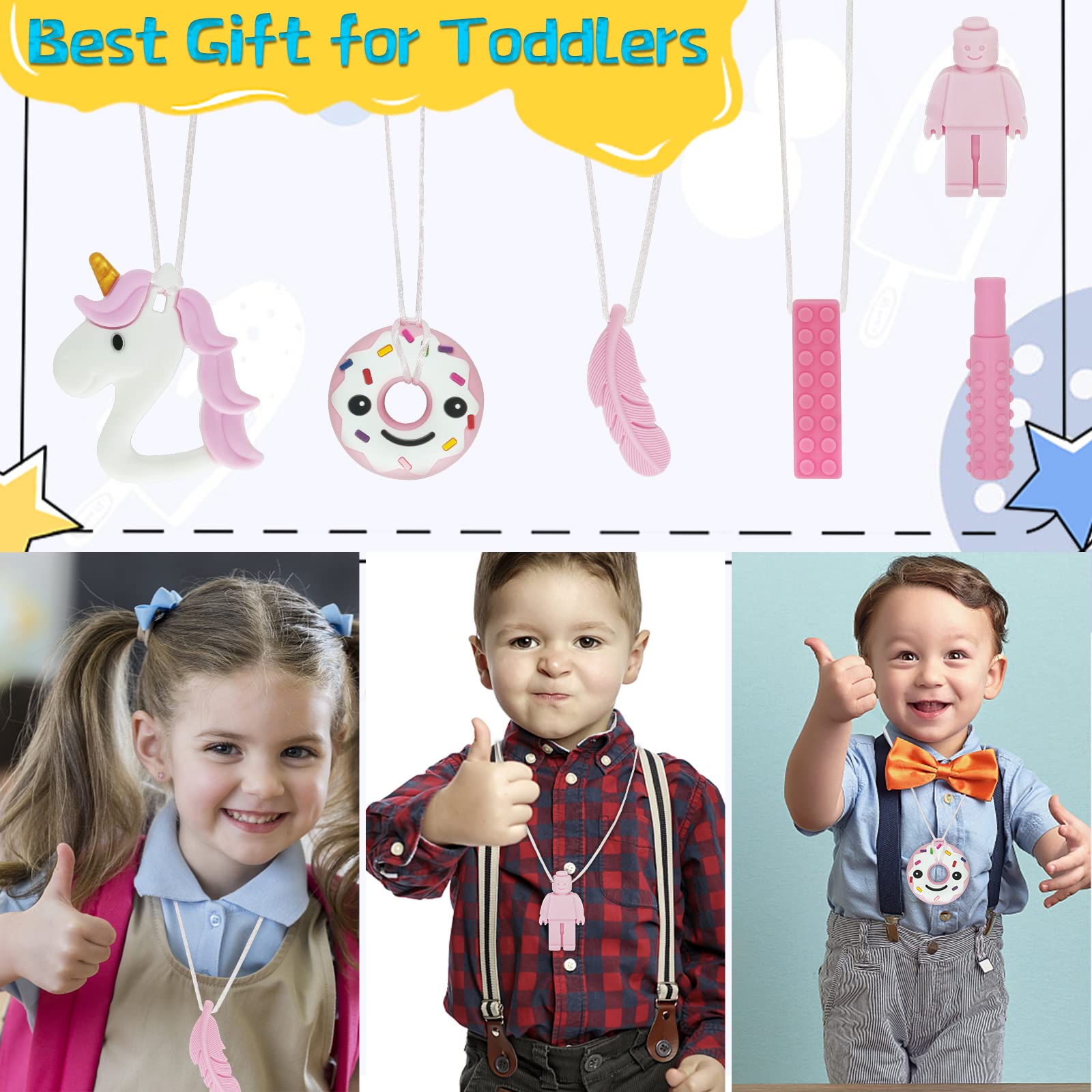Kaukette für Kinder, 6 Stück Sensory Kauen Halskette, Silikon Beißring für Baby, Autismus Spielzeug für Jungen und Mädchen, Perfekt für Kinder mit ADHS, Zahnen, Beißende, Fingernägel Kauen (Blau)