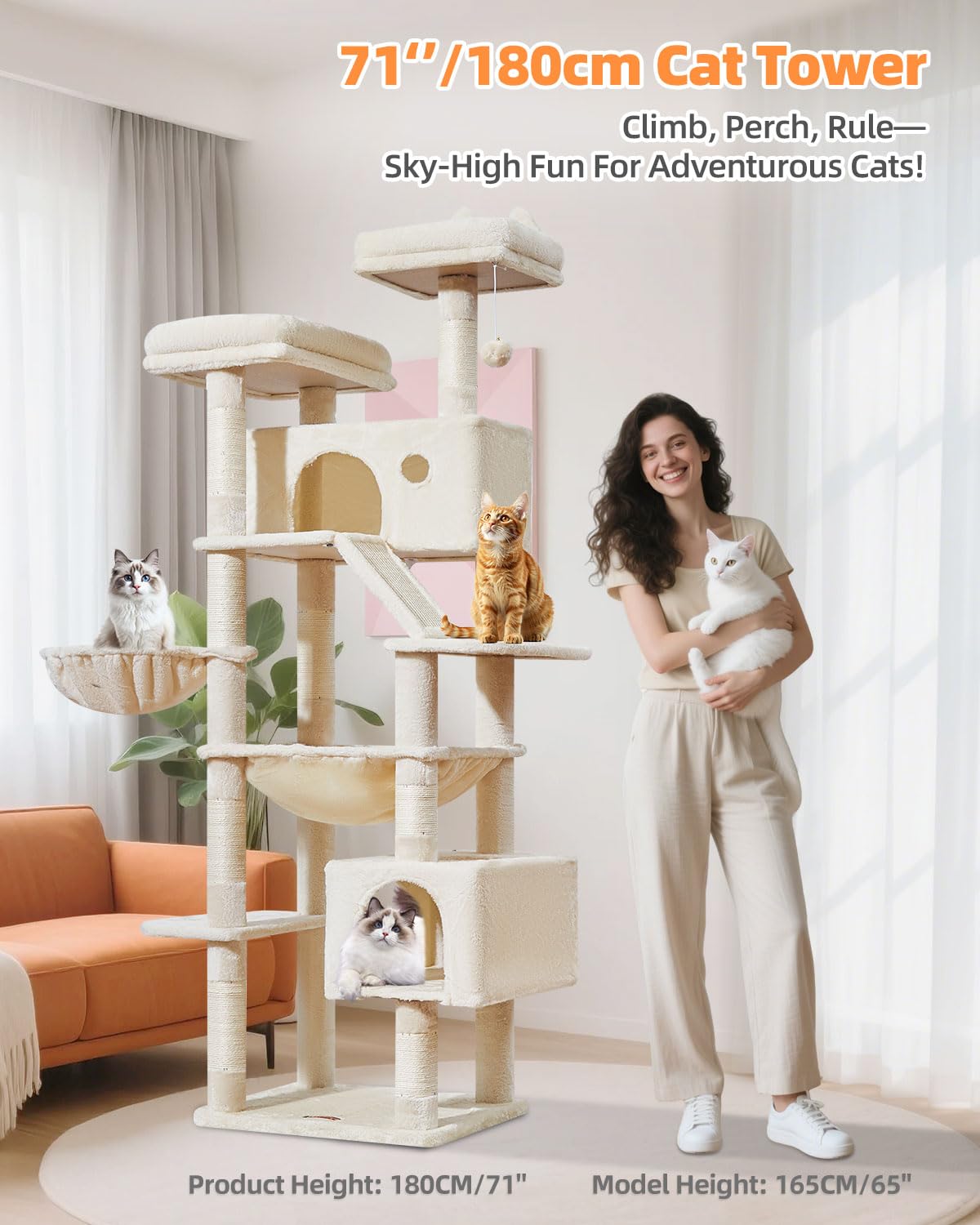 Taoqimiao 180CM Kratzbaum Groß, Katzenbaum Katzen Kratzbaum Grosse Katzen Stabil mit 2 Katzenhaus, Metallhängematte, Korb, 8 Kratzsäulen, Katzenkratztafel, MS026LM Beige