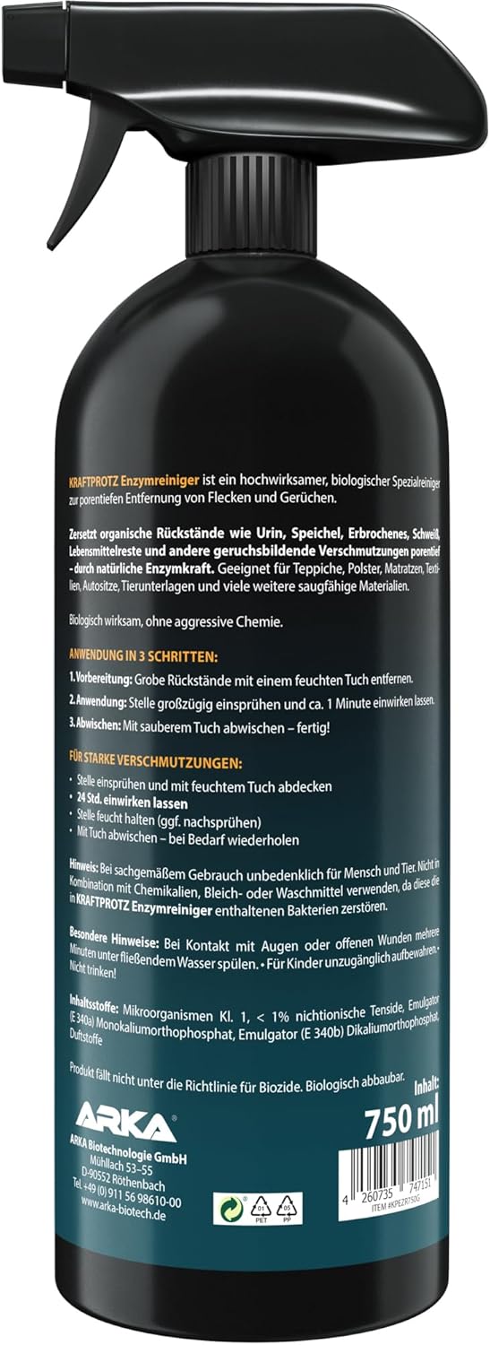 Enzymreiniger – Geruchsentferner & Fleckenentferner Spray 750 ml – porentief & biologisch – für Sofa, Teppich, Matratze, Auto & Haushalt – gegen Schmutz, Schweiß, Gerüche & Tierspuren – KRAFTPROTZ
