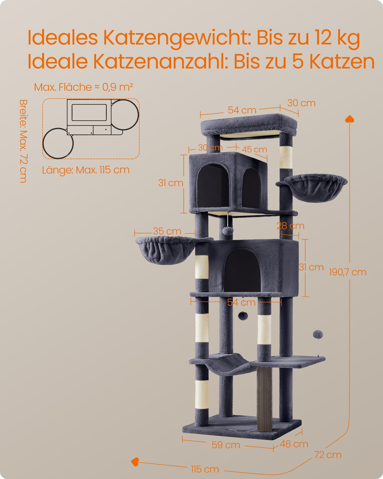 Feandrea Kratzbaum, 175 cm hoch, XL, mehrstöckiger Katzenbaum mit 2 Höhlen, 2 Liegemulden, 5 Kratzsäulen, Katzenbürste, große Plattform, Taubengrau PCT182G01