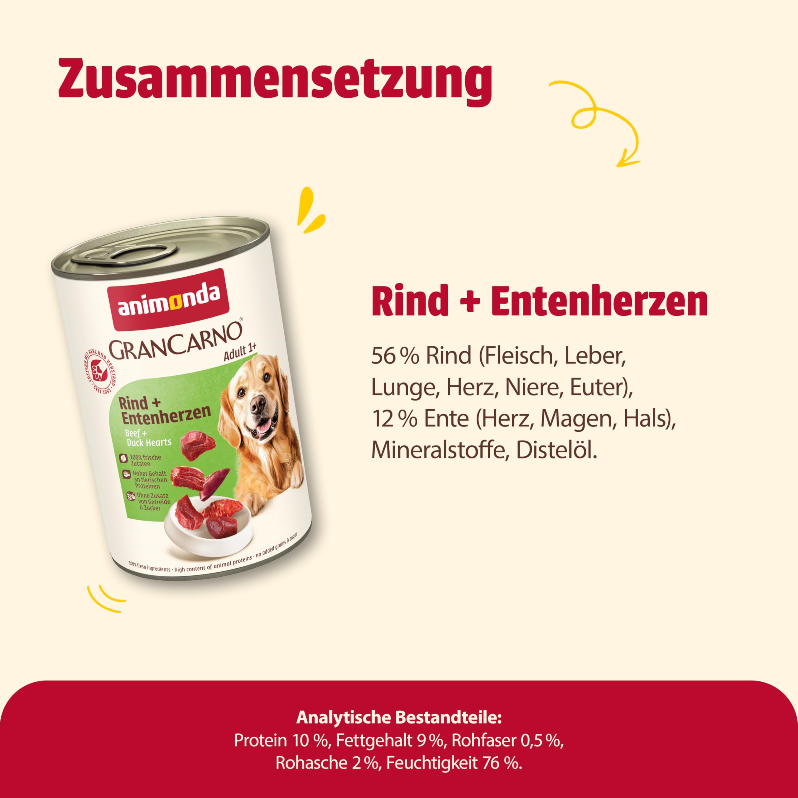 animonda GranCarno Hunde Nassfutter mit Rind + Entenherzen (6 x 800 g), getreidefreies Hundenassfutter ohne Zucker, für ausgewachsene Hunde, mit frischen fleischigen Zutaten