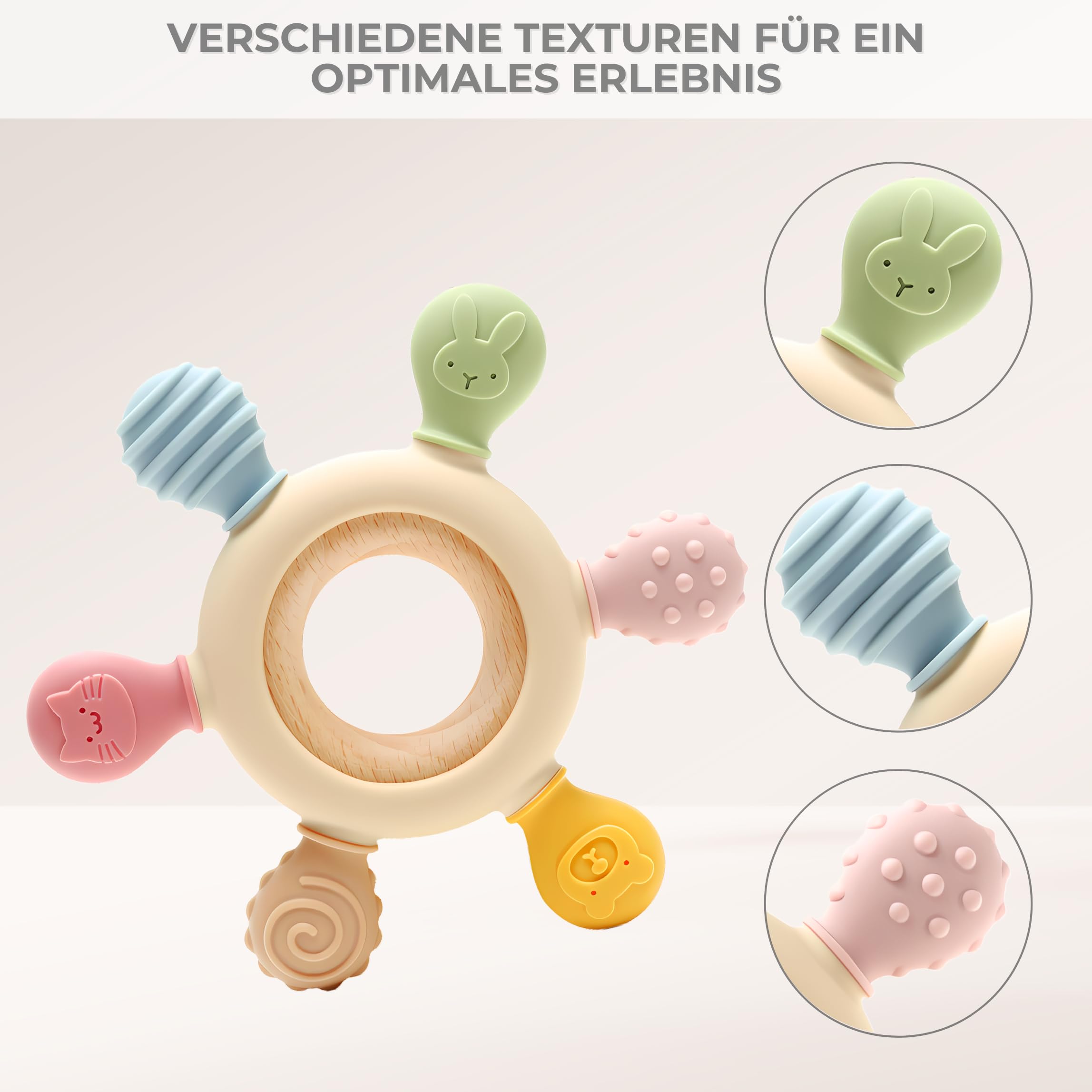 CAJA Beißring Baby BPA freie Zahnungshilfe und Beißspielzeug aus Silikon und Holz Greifring mit Tiermotiv Geschenkidee zur Geburt Sicheres Babyspielzeug für Jungen und Mädchen