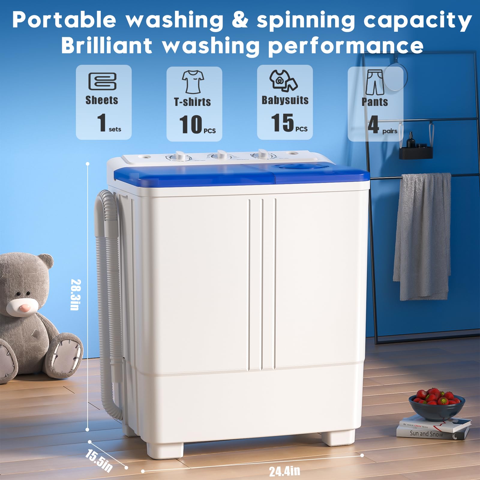 Auertech Portable Washing Machine, 28lbs Twin Tub Washer Mini Compact Laundry Machine with Drain Pump, Semi-automatic 18lbs Washer 10lbs Spinner Combo for Dorms, Apartments, RVs